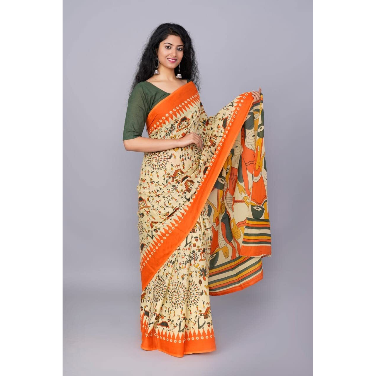 Kiaaron Womens Ikat Hand Block Print Jaipuri Cotton Mulmul Saree with Blouse Piece - Orange_165