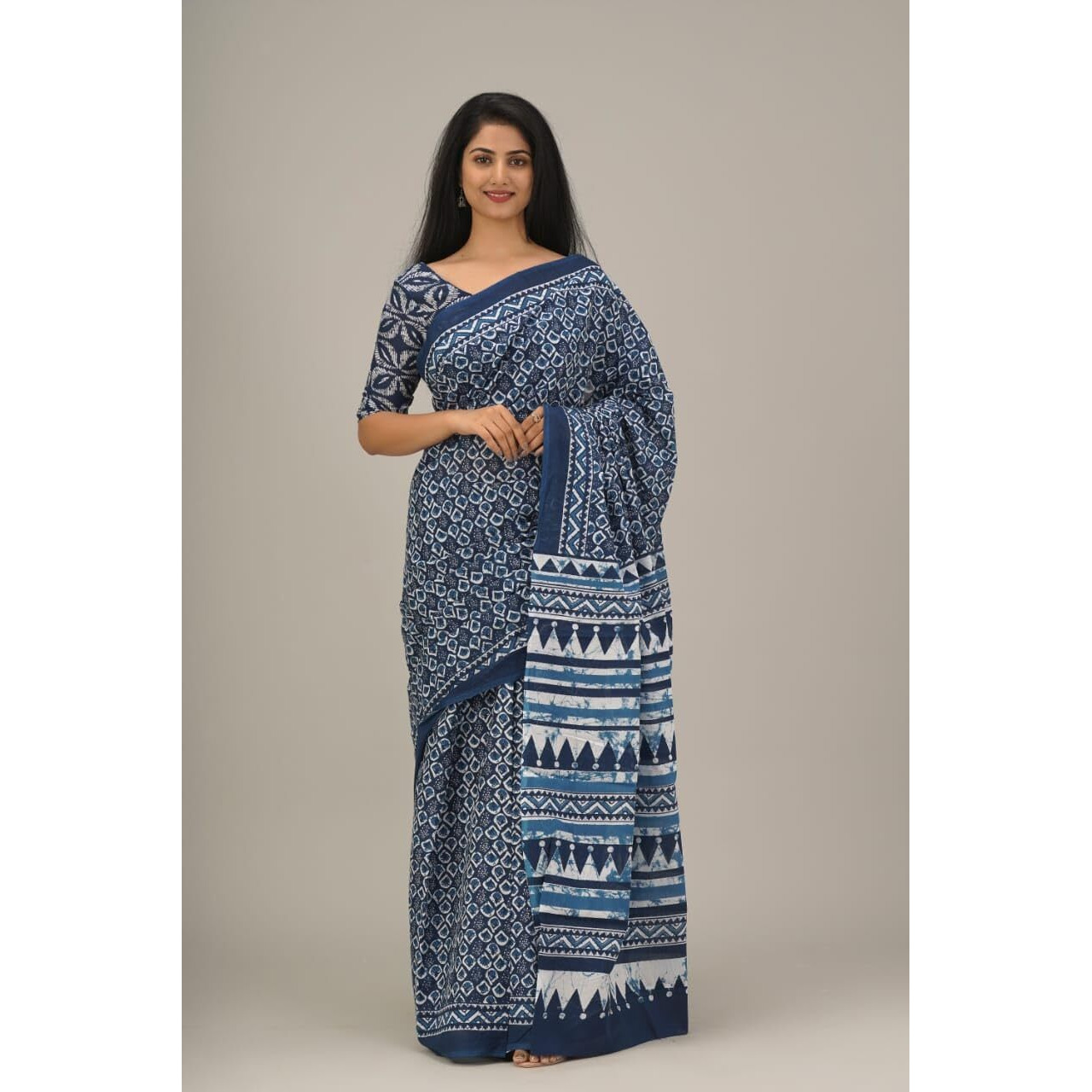 Kiaaron Handicrafts Womens Ikat Hand Block Print Jaipuri Cotton Mulmul Saree with Blouse Piece - Blue_37