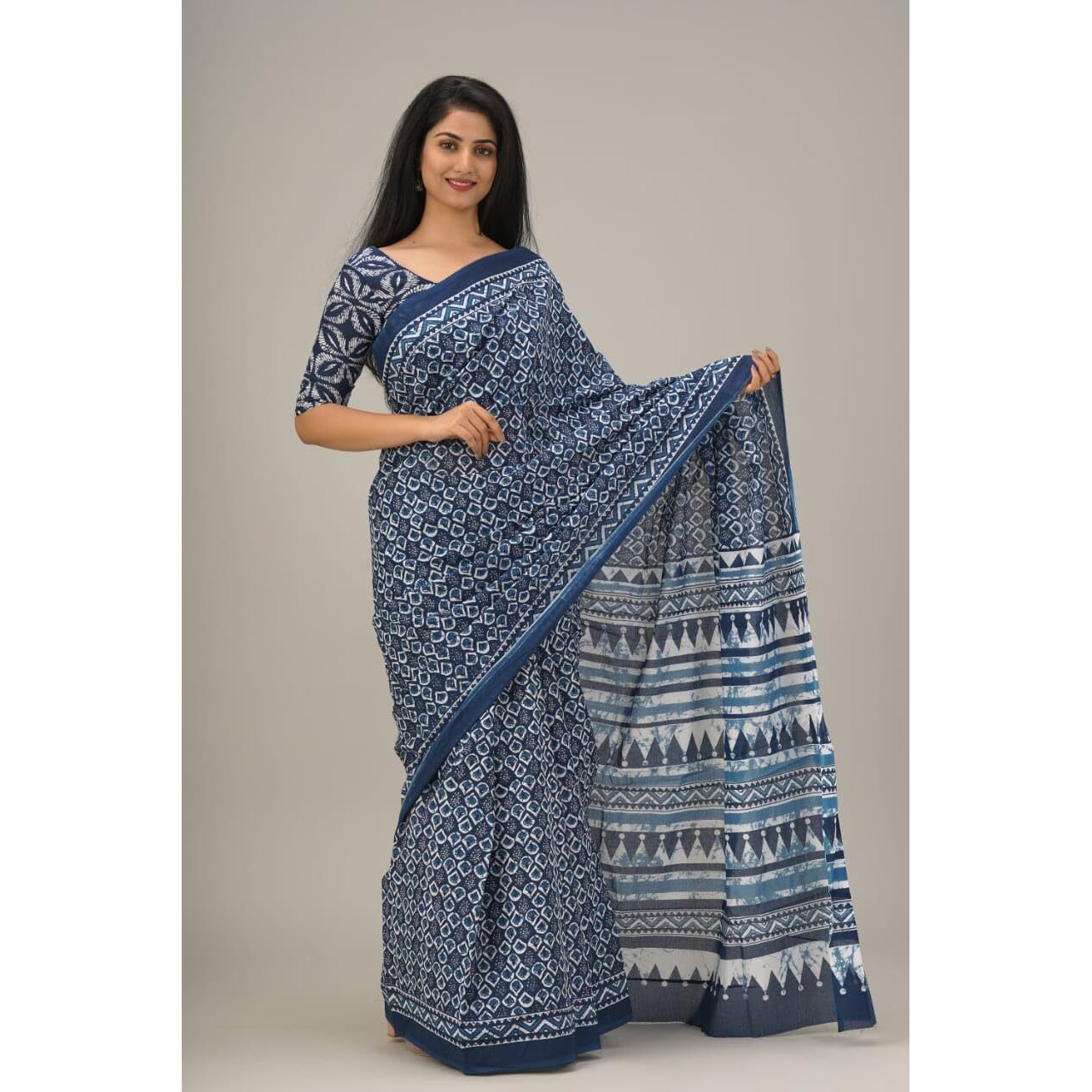 Kiaaron Handicrafts Womens Ikat Hand Block Print Jaipuri Cotton Mulmul Saree with Blouse Piece - Blue_37
