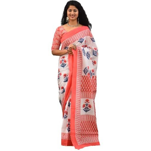Kiaaron Womens Ikat Hand Block Print Jaipuri Cotton Mulmul Saree with Blouse Piece - Multi_153