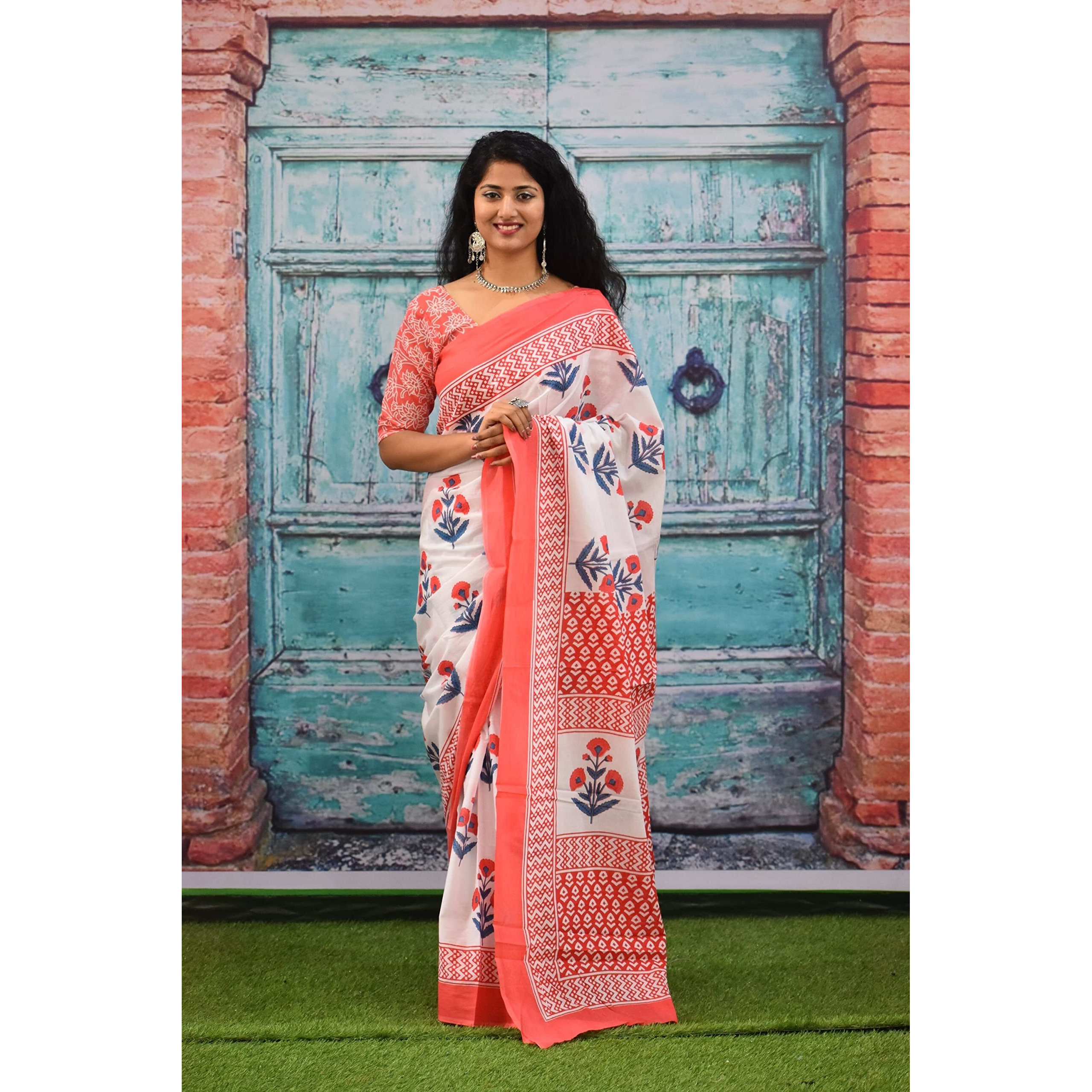 Kiaaron Womens Ikat Hand Block Print Jaipuri Cotton Mulmul Saree with Blouse Piece - Multi_153