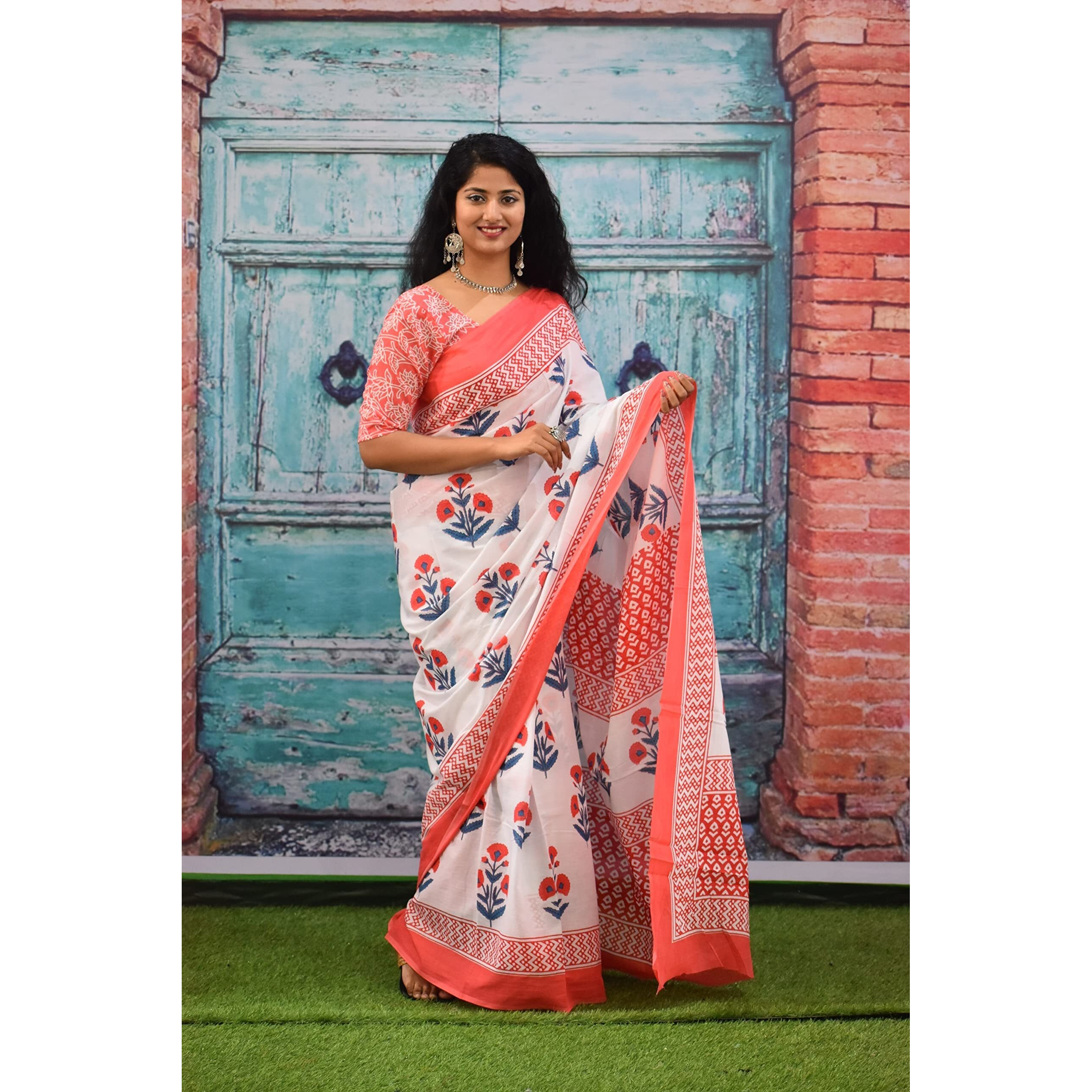 Kiaaron Womens Ikat Hand Block Print Jaipuri Cotton Mulmul Saree with Blouse Piece - Multi_153