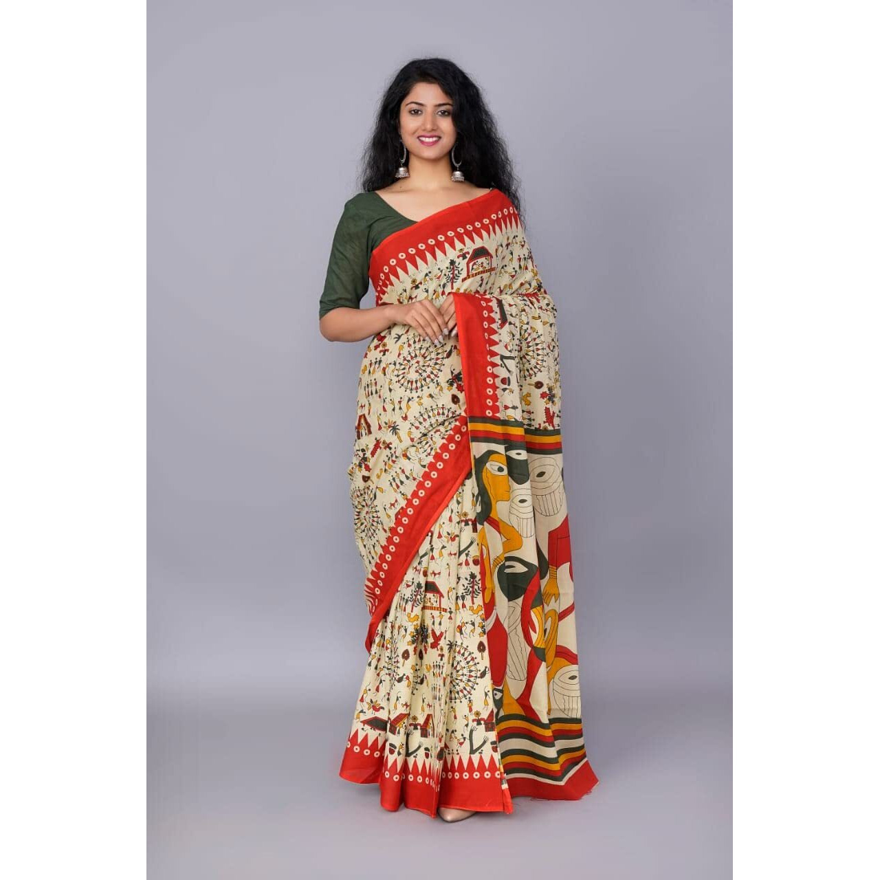 Kiaaron Womens Ikat Hand Block Print Jaipuri Cotton Mulmul Saree with Blouse Piece - Red_166