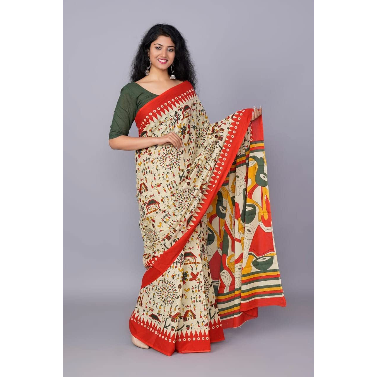 Kiaaron Womens Ikat Hand Block Print Jaipuri Cotton Mulmul Saree with Blouse Piece - Red_166