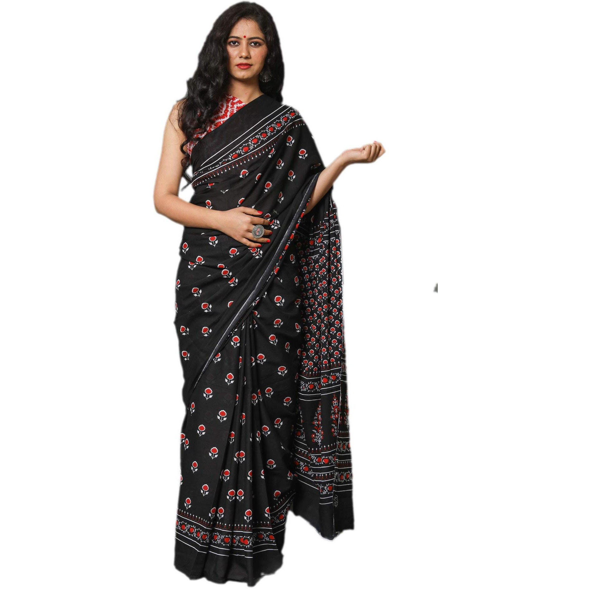 Kiaaron Womens Hand Block Kalamkari Batik Bagru Jaipuri Ikat Printed Handloom Pure Cotton Mulmul Traditional Ethnic Cotton Sarees With Printed Blouse Piece - Black