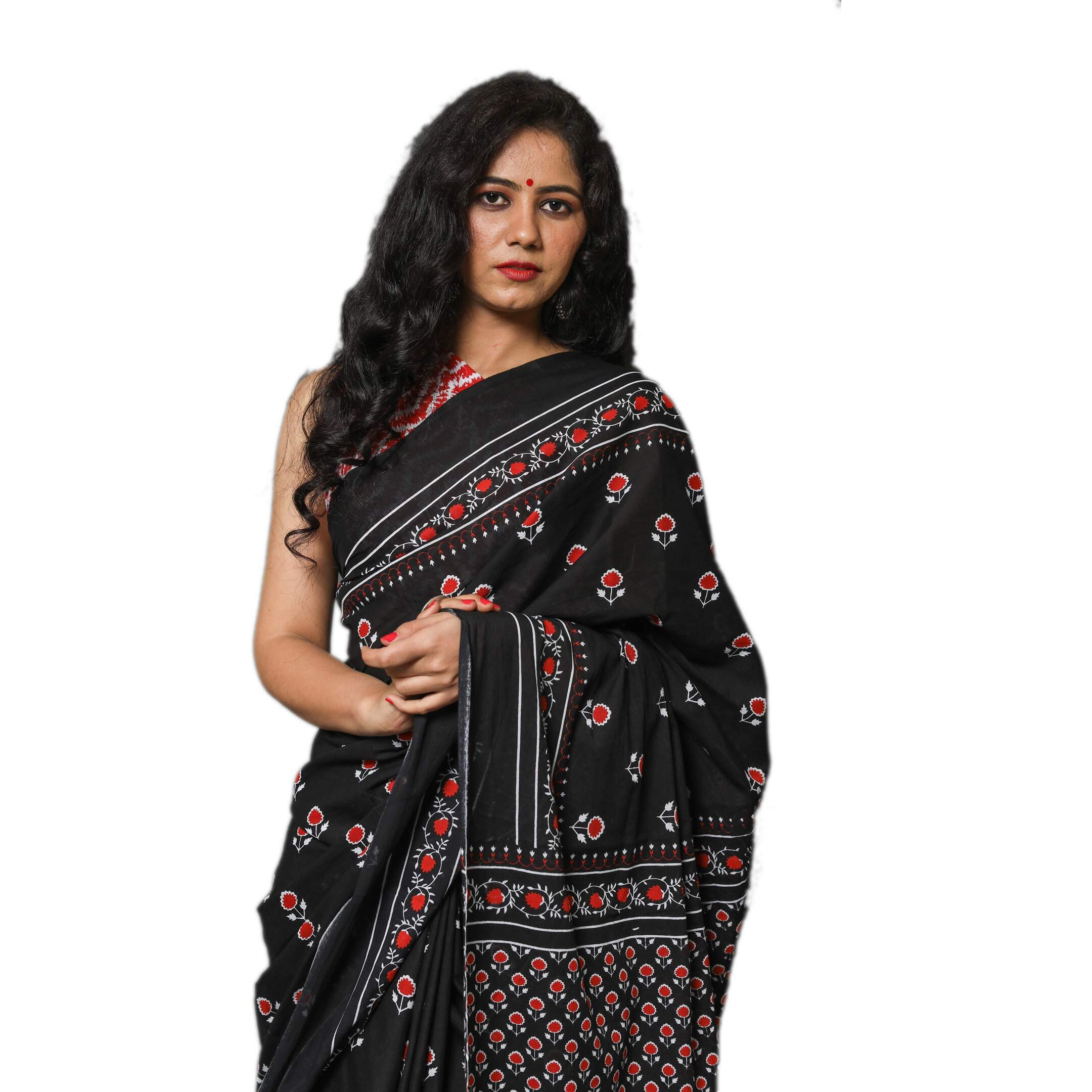 Kiaaron Womens Hand Block Kalamkari Batik Bagru Jaipuri Ikat Printed Handloom Pure Cotton Mulmul Traditional Ethnic Cotton Sarees With Printed Blouse Piece - Black