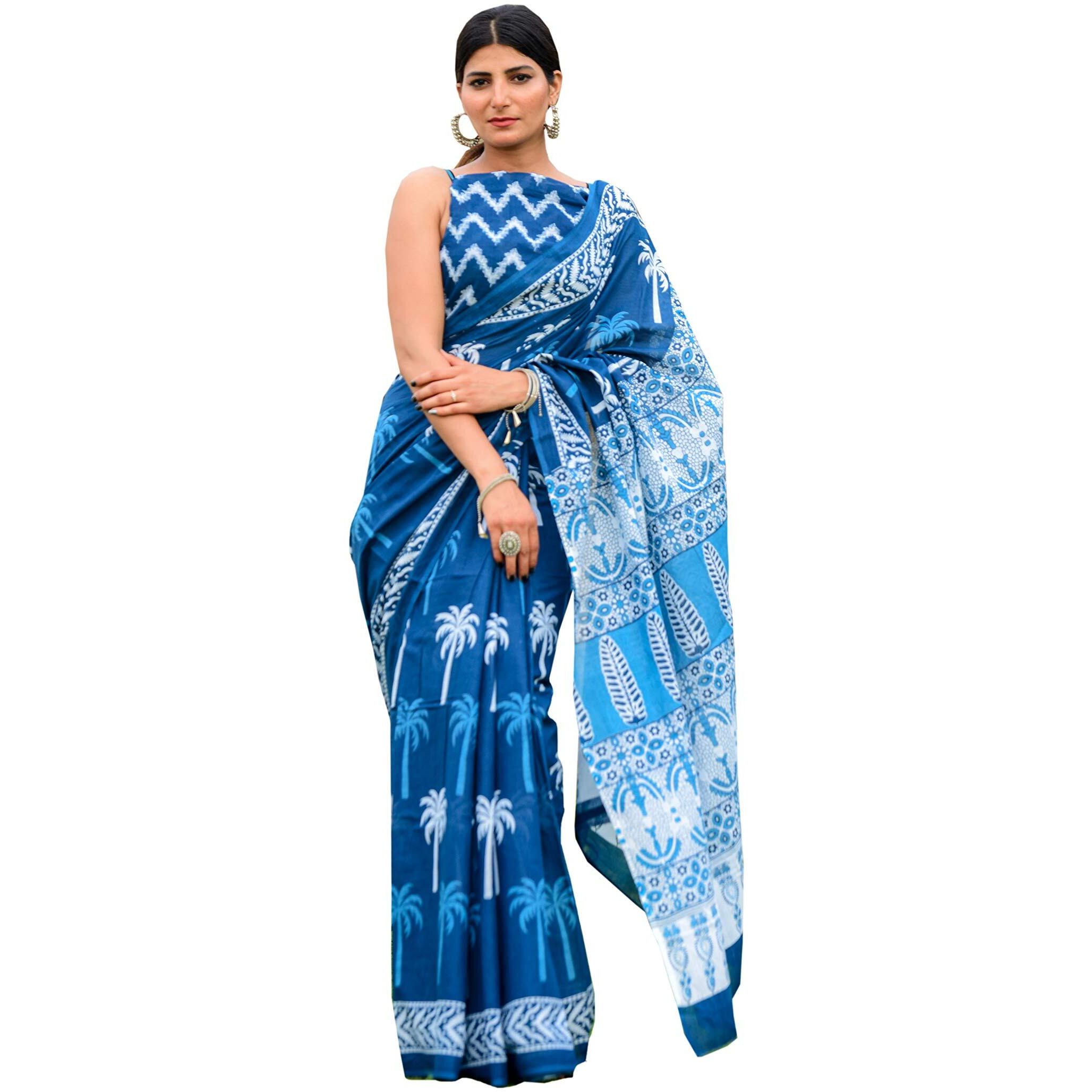 Kiaaron Womens Hand Block Kalamkari Batik Bagru Jaipuri Ikat Printed Handloom Pure Cotton Mulmul Traditional Ethnic Cotton Sarees With Printed Blouse Piece - Blue