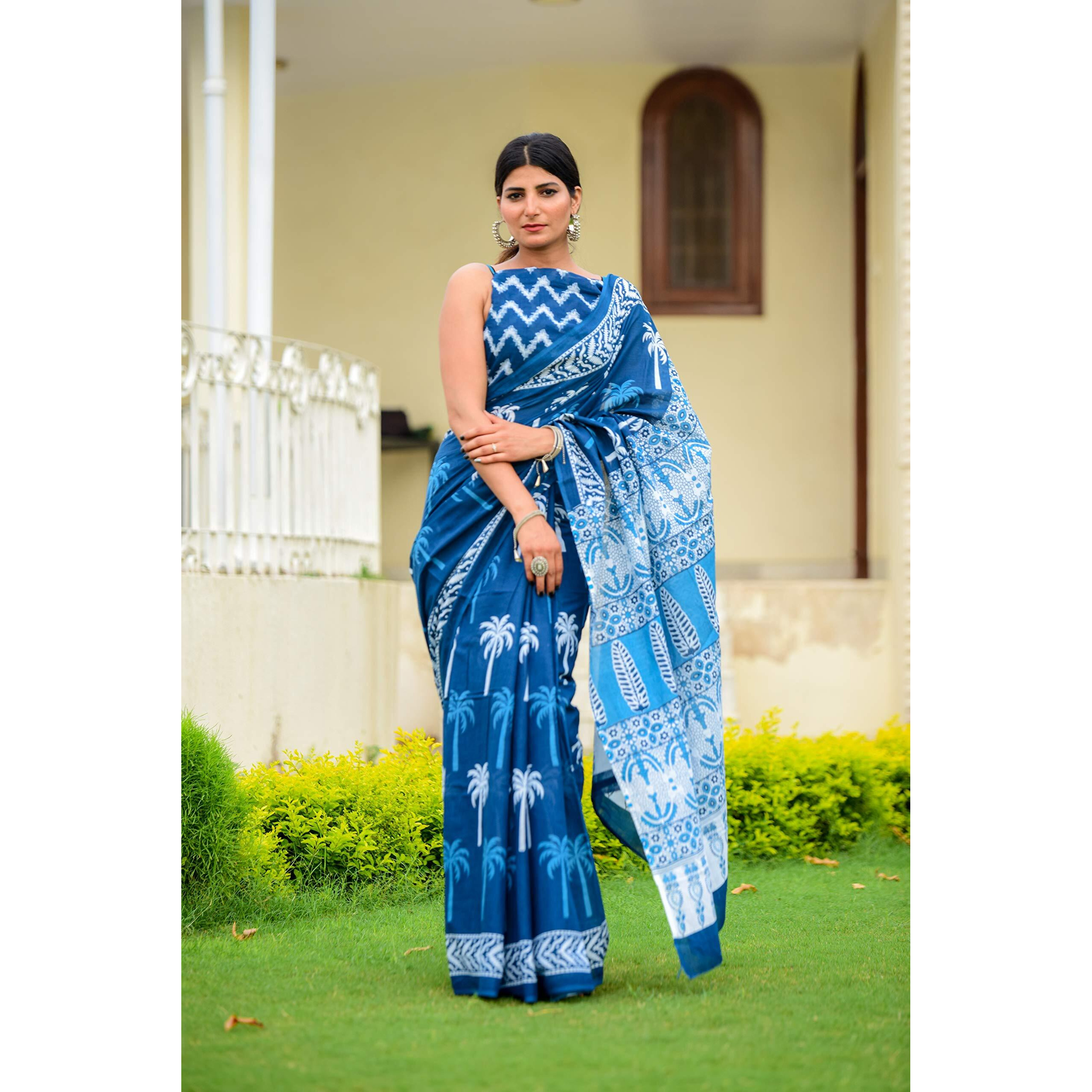 Kiaaron Womens Hand Block Kalamkari Batik Bagru Jaipuri Ikat Printed Handloom Pure Cotton Mulmul Traditional Ethnic Cotton Sarees With Printed Blouse Piece - Blue