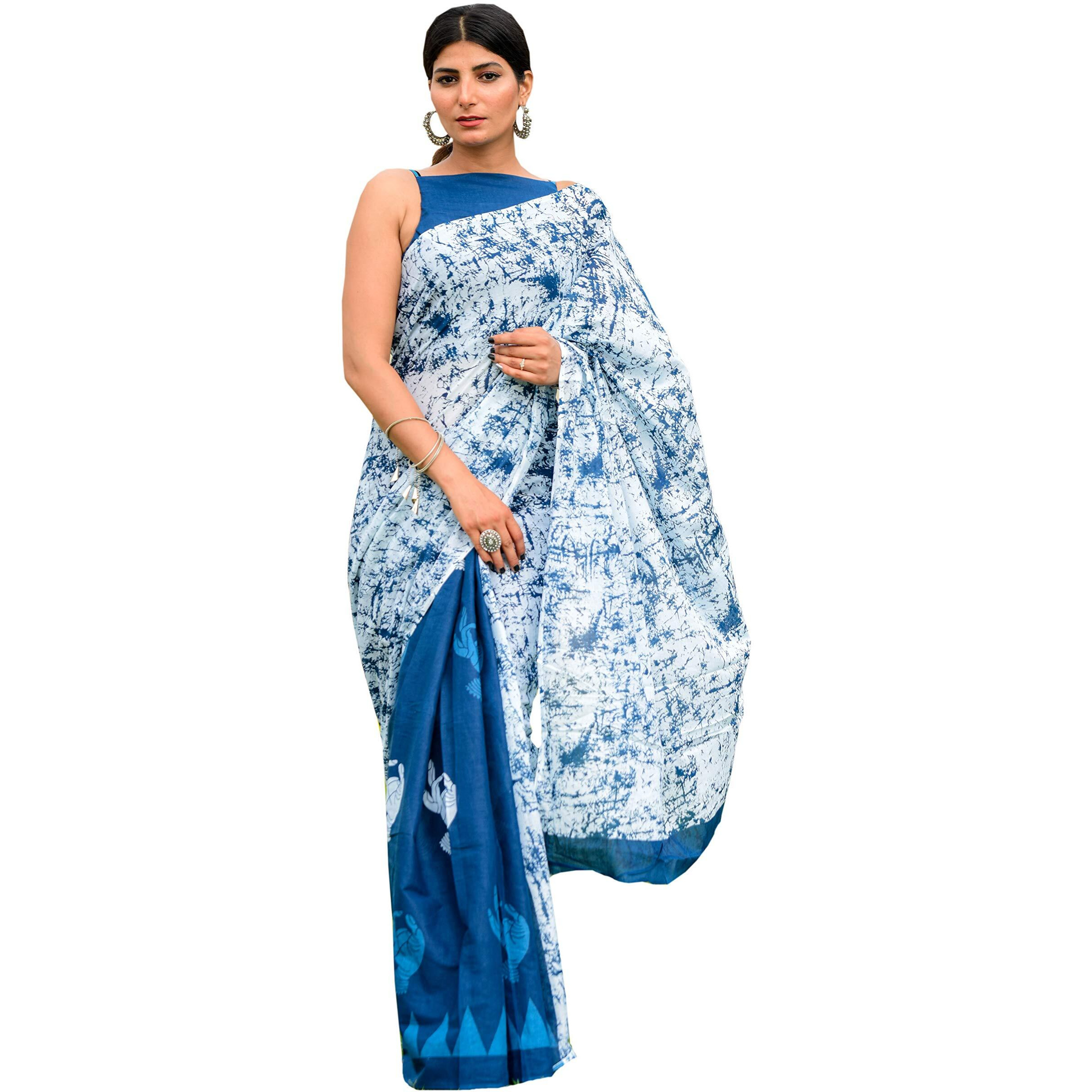 Kiaaron Womens Hand Block Kalamkari Batik Bagru Jaipuri Ikat Printed Handloom Pure Cotton Mulmul Traditional Ethnic Cotton Sarees With Printed Blouse Piece - Blue