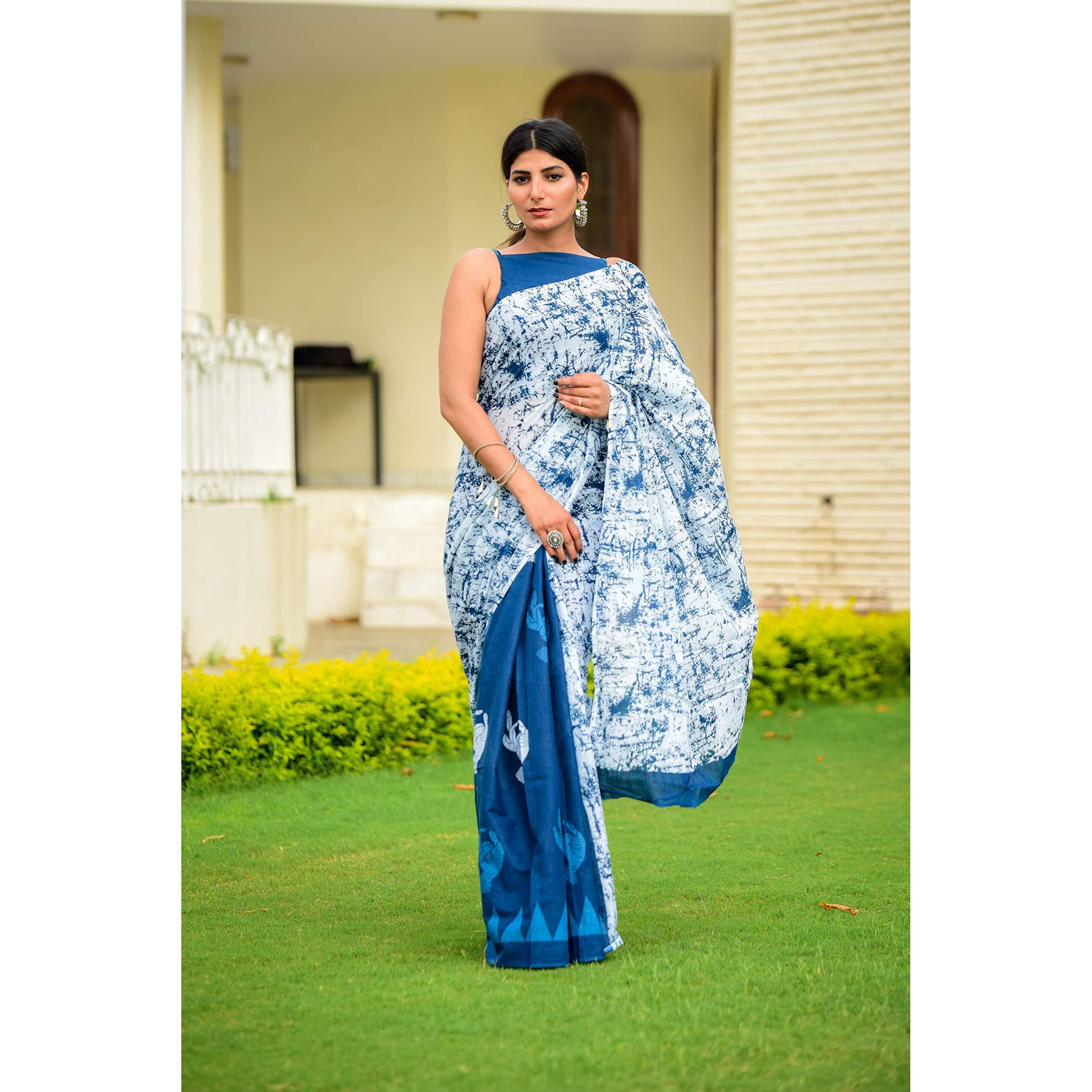 Kiaaron Womens Hand Block Kalamkari Batik Bagru Jaipuri Ikat Printed Handloom Pure Cotton Mulmul Traditional Ethnic Cotton Sarees With Printed Blouse Piece - Blue
