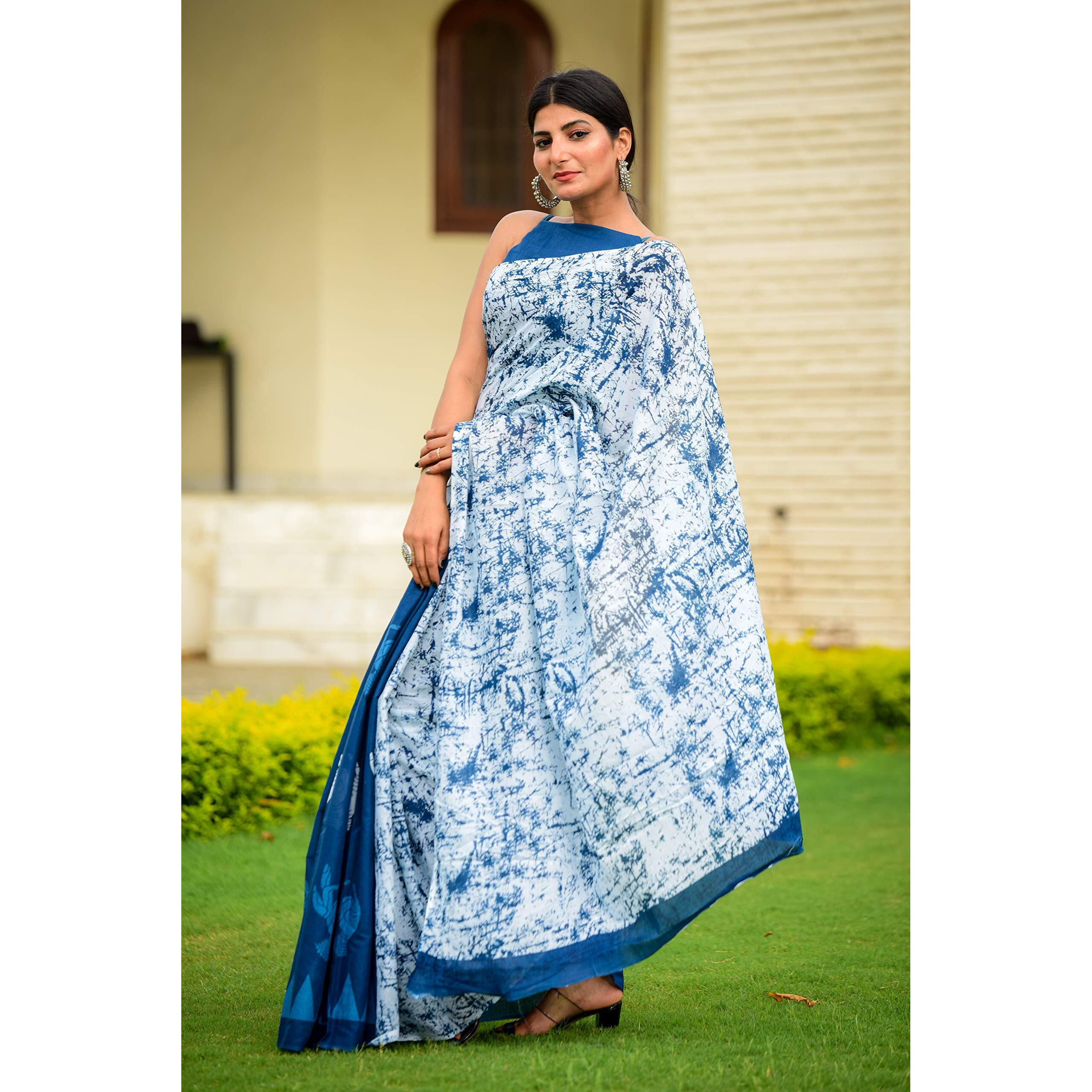 Kiaaron Womens Hand Block Kalamkari Batik Bagru Jaipuri Ikat Printed Handloom Pure Cotton Mulmul Traditional Ethnic Cotton Sarees With Printed Blouse Piece - Blue