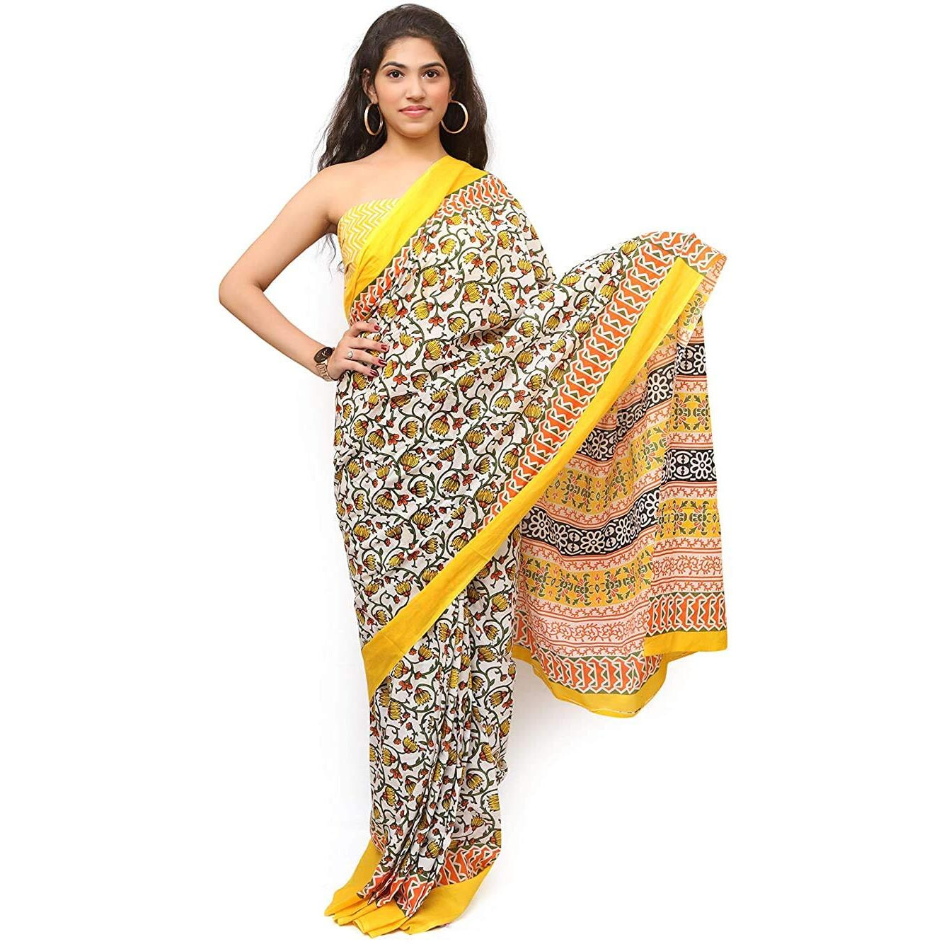Kiaaron Womens Hand Block Kalamkari Batik Bagru Jaipuri Ikat Printed Handloom Pure Cotton Mulmul Traditional Ethnic Cotton Sarees With Printed Blouse Piece - Yellow