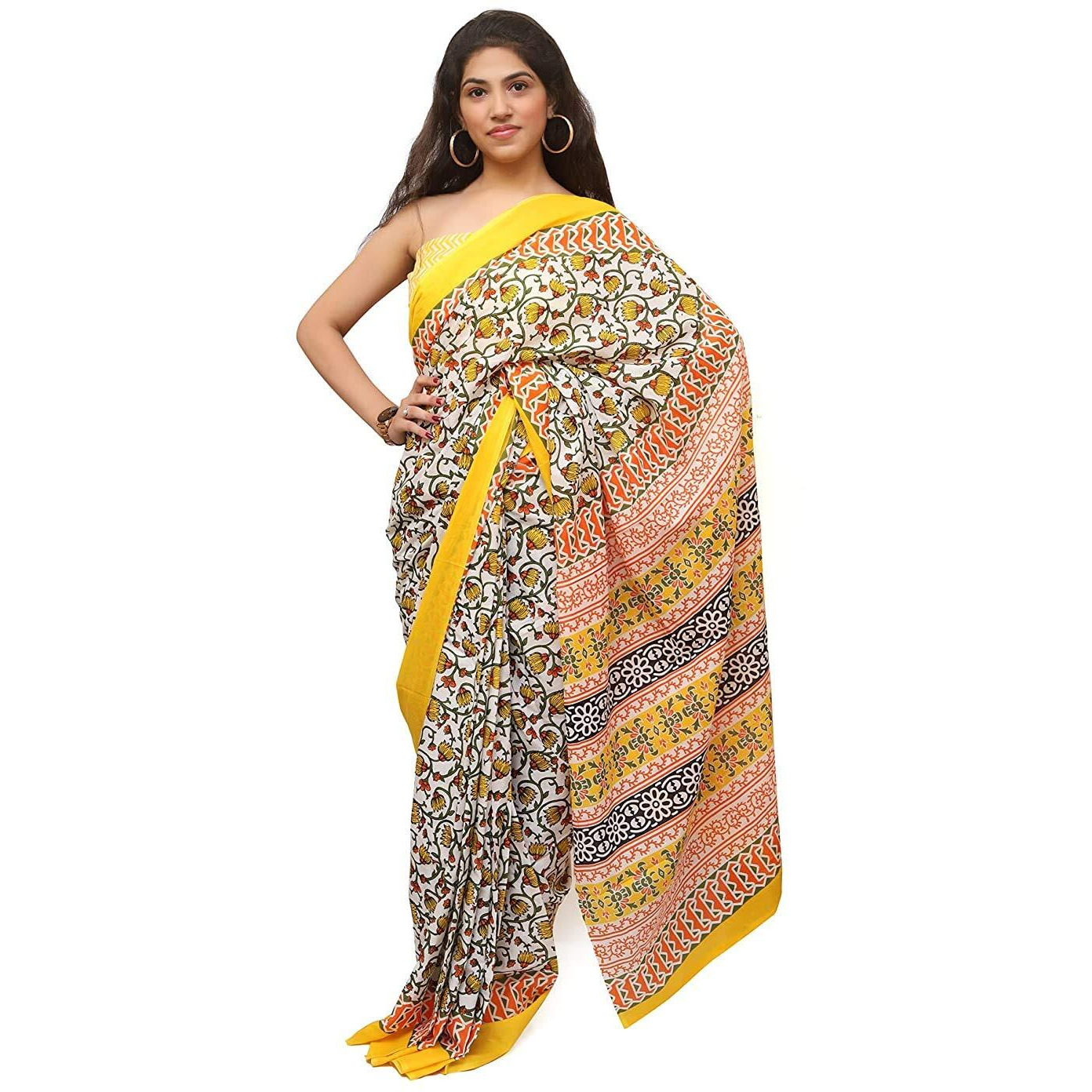 Kiaaron Womens Hand Block Kalamkari Batik Bagru Jaipuri Ikat Printed Handloom Pure Cotton Mulmul Traditional Ethnic Cotton Sarees With Printed Blouse Piece - Yellow