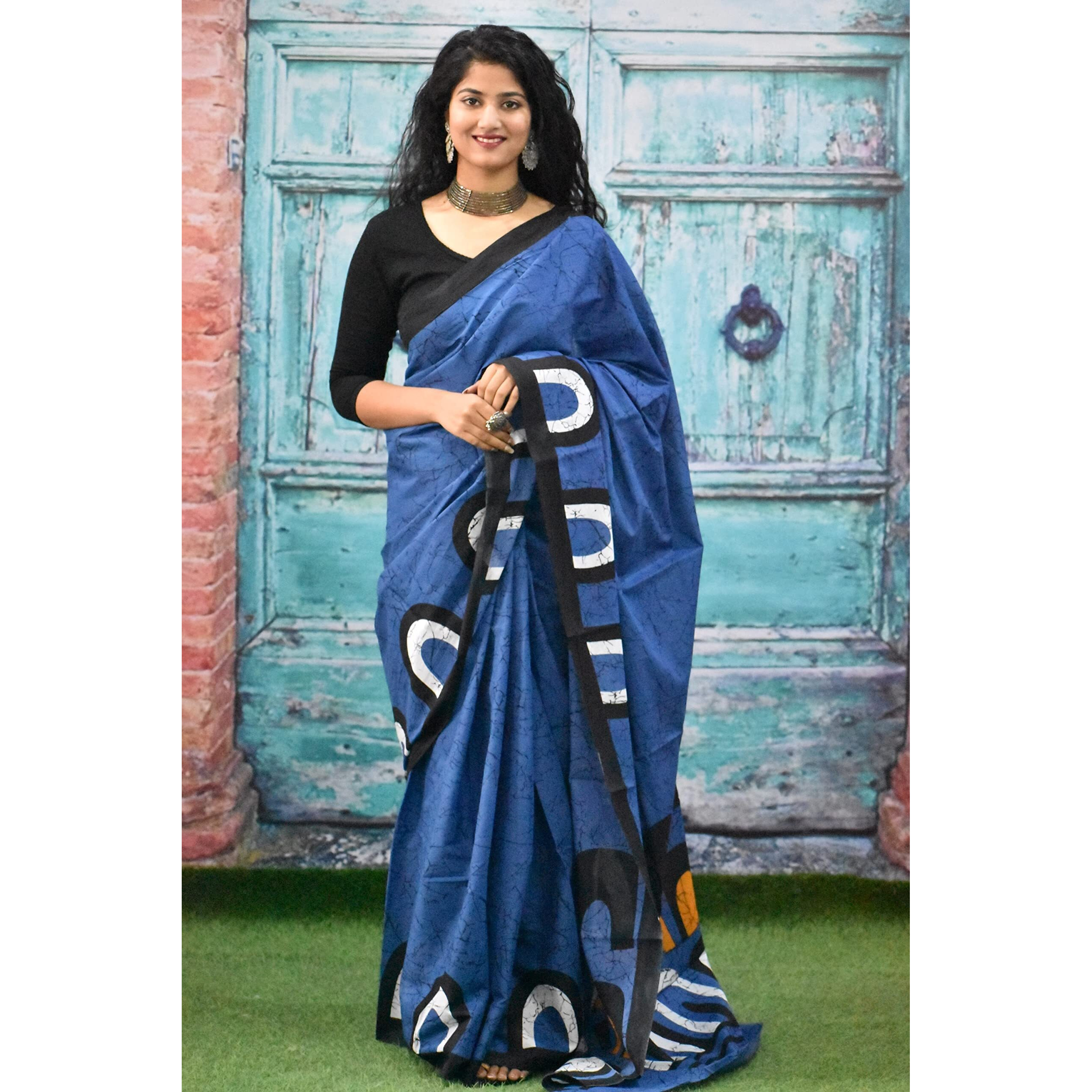 Kiaaron Womens Ikat Hand Block Print Jaipuri Cotton Mulmul Saree with Blouse Piece - Blue_156