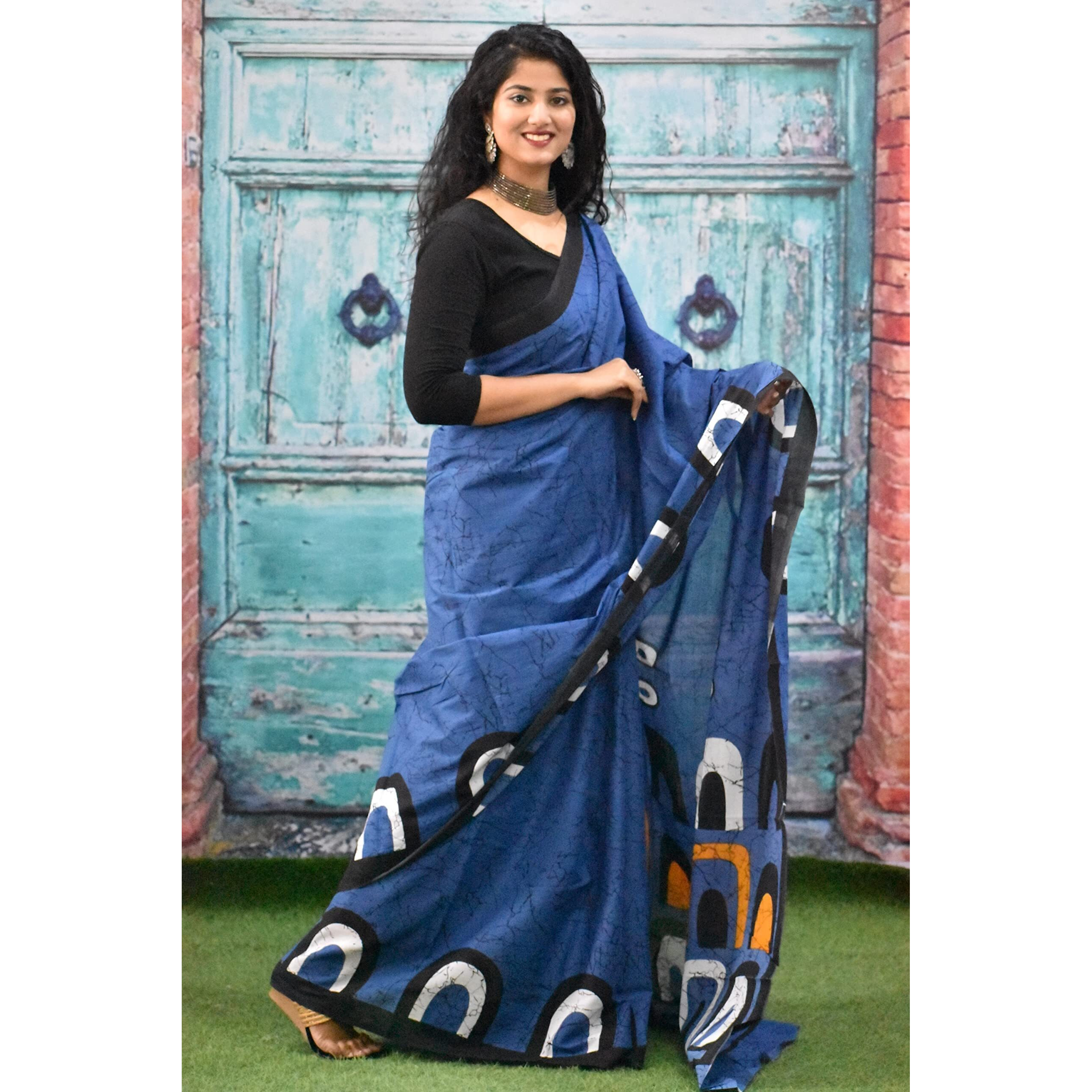 Kiaaron Womens Ikat Hand Block Print Jaipuri Cotton Mulmul Saree with Blouse Piece - Blue_156