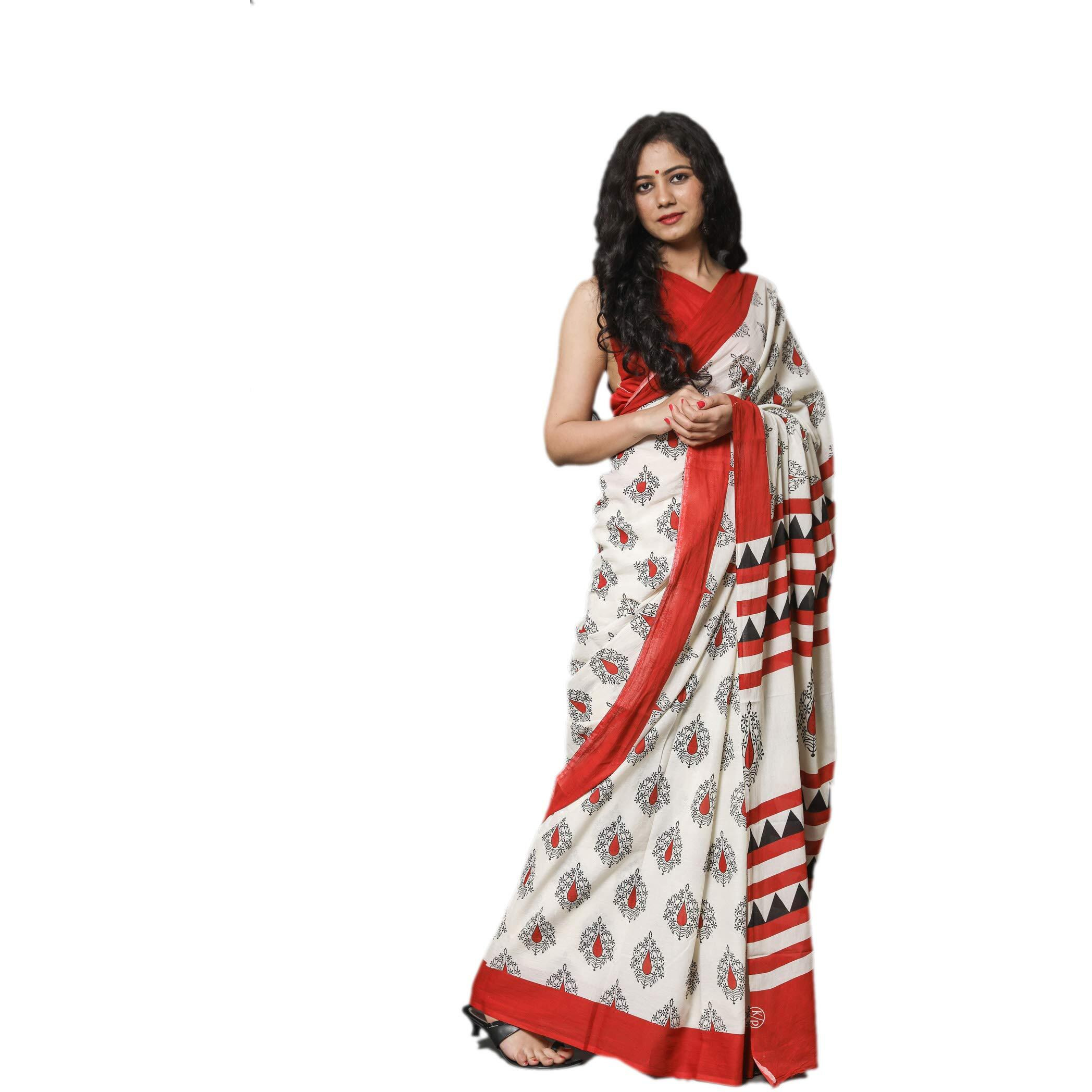Kiaaron Womens Hand Block Kalamkari Batik Bagru Jaipuri Ikat Printed Handloom Pure Cotton Mulmul Traditional Ethnic Cotton Sarees With Printed Blouse Piece - Red_White