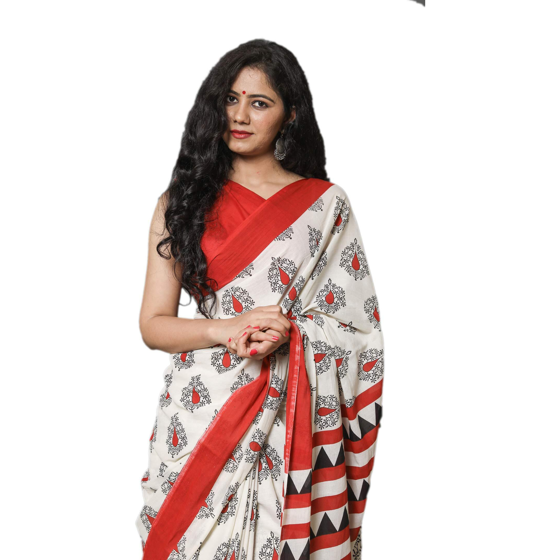 Kiaaron Womens Hand Block Kalamkari Batik Bagru Jaipuri Ikat Printed Handloom Pure Cotton Mulmul Traditional Ethnic Cotton Sarees With Printed Blouse Piece - Red_White
