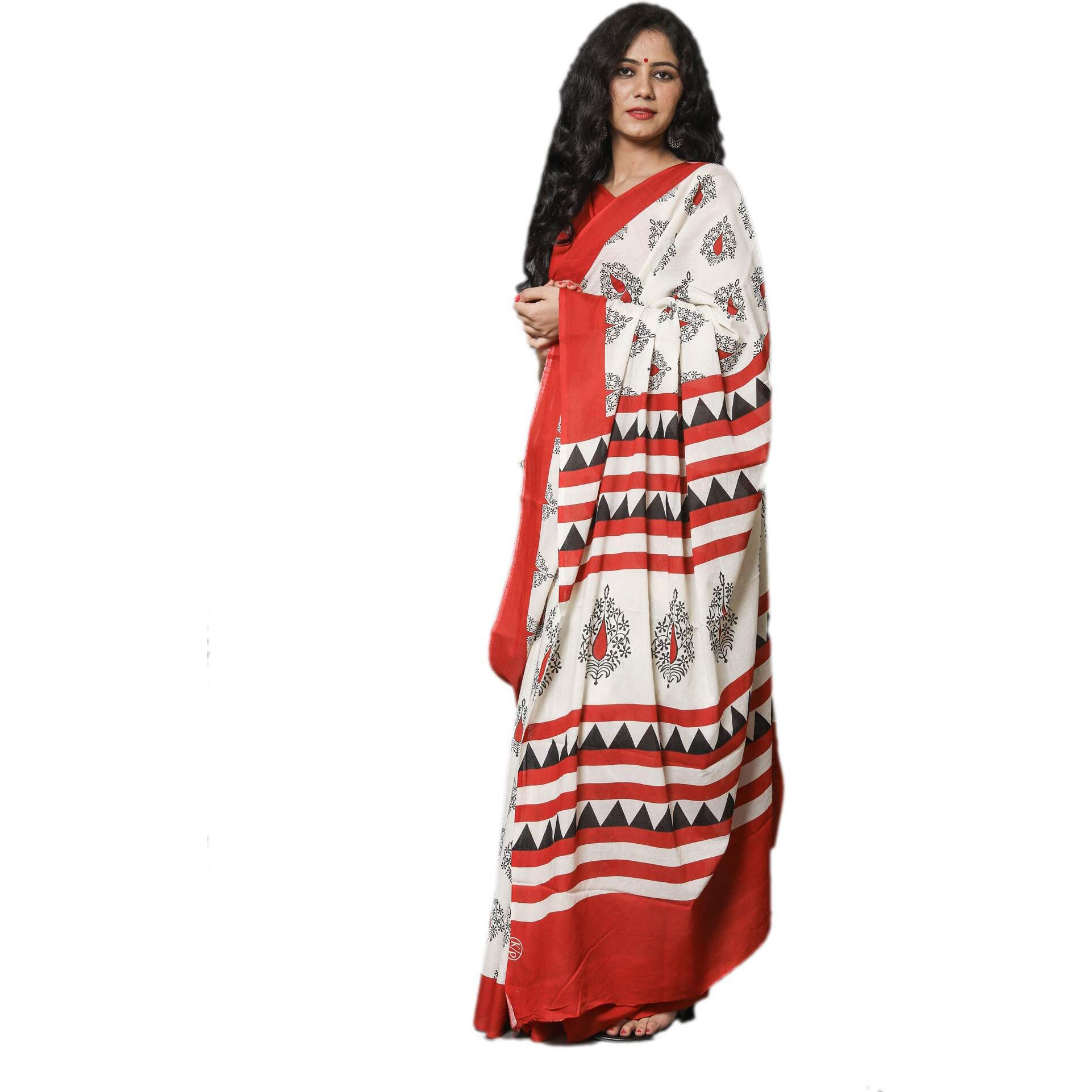 Kiaaron Womens Hand Block Kalamkari Batik Bagru Jaipuri Ikat Printed Handloom Pure Cotton Mulmul Traditional Ethnic Cotton Sarees With Printed Blouse Piece - Red_White