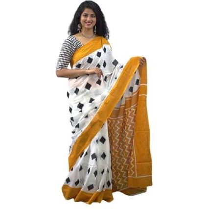 Kiaaron Womens Hand Block Kalamkari Batik Bagru Jaipuri Ikat Printed Handloom Pure Cotton Mulmul Traditional Ethnic Cotton Sarees With Printed Blouse Piece - White