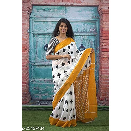 Kiaaron Womens Hand Block Kalamkari Batik Bagru Jaipuri Ikat Printed Handloom Pure Cotton Mulmul Traditional Ethnic Cotton Sarees With Printed Blouse Piece - White