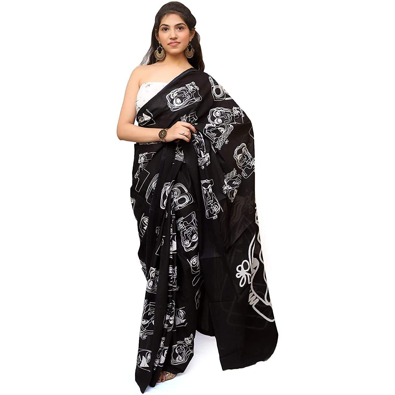 Kiaaron Womens Hand Block Kalamkari Batik Bagru Jaipuri Ikat Printed Handloom Pure Cotton Mulmul Traditional Ethnic Cotton Sarees With Printed Blouse Piece - Black