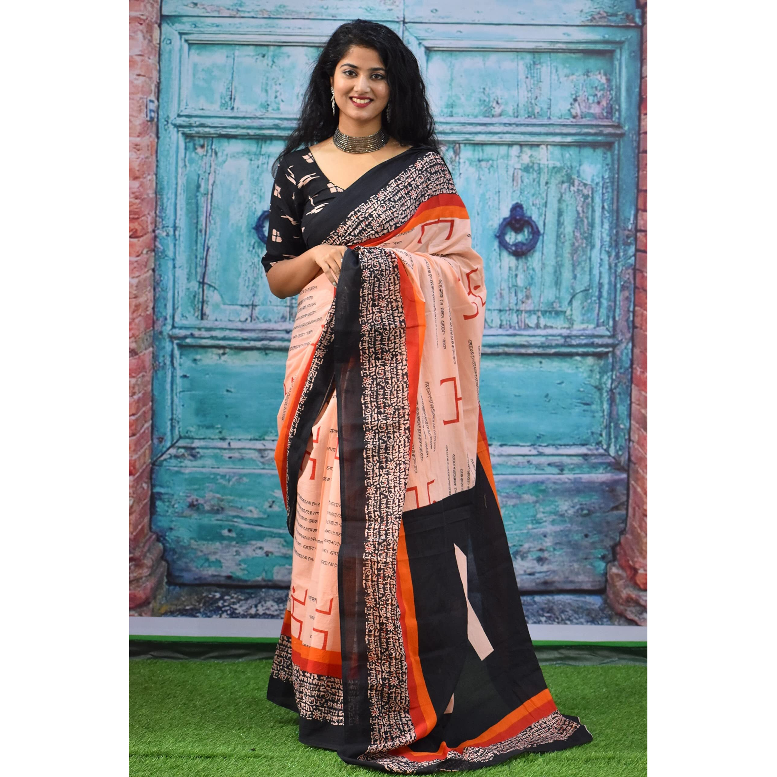 Kiaaron Womens Ikat Hand Block Print Jaipuri Cotton Mulmul Saree with Blouse Piece - Orange_172
