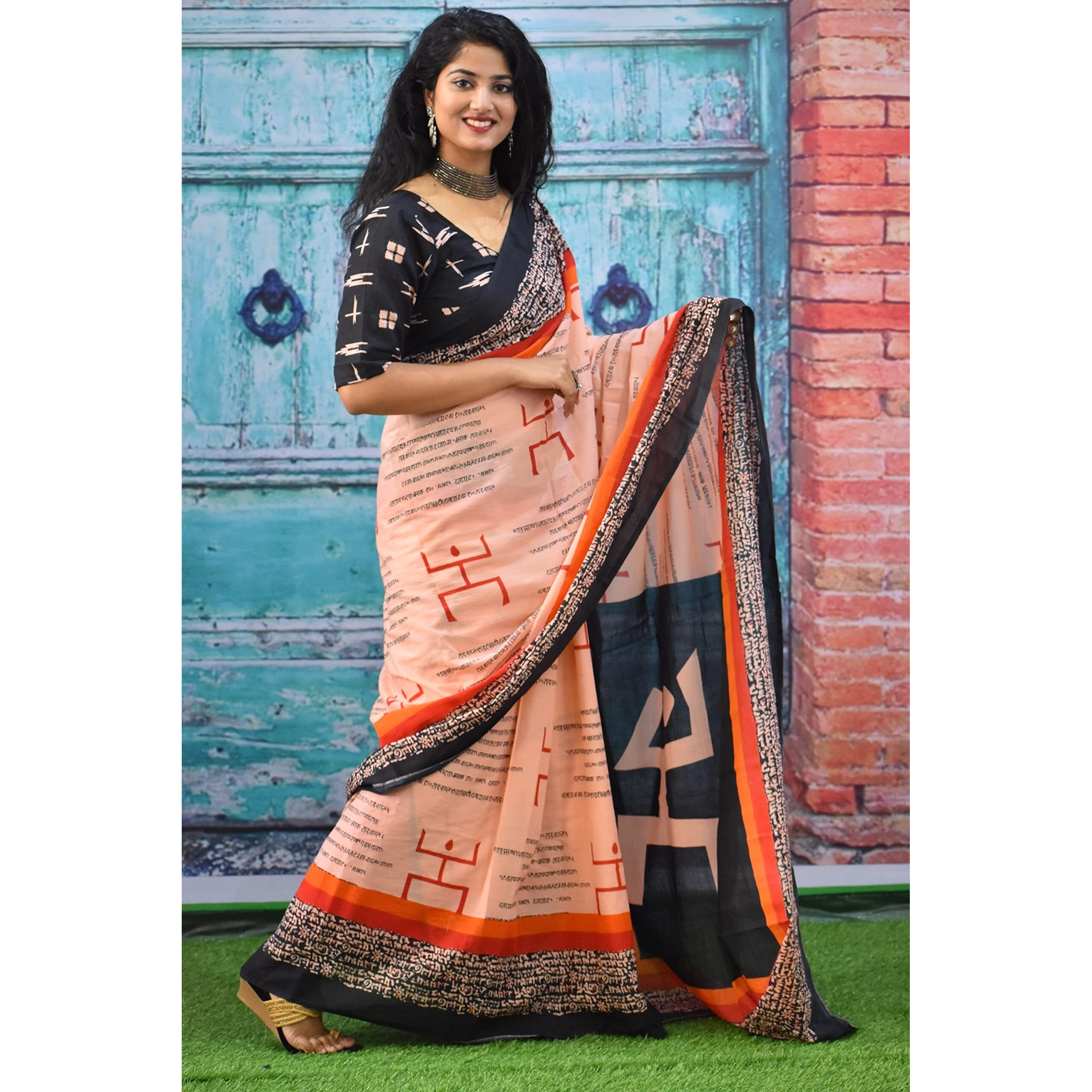 Kiaaron Womens Ikat Hand Block Print Jaipuri Cotton Mulmul Saree with Blouse Piece - Orange_172