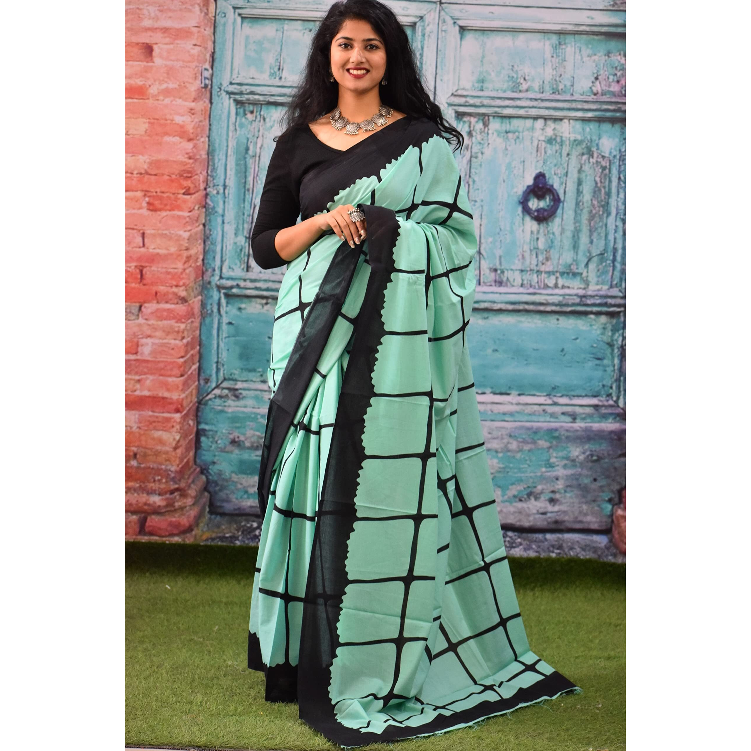 Kiaaron Womens Ikat Hand Block Print Jaipuri Cotton Mulmul Saree with Blouse Piece - Green_266