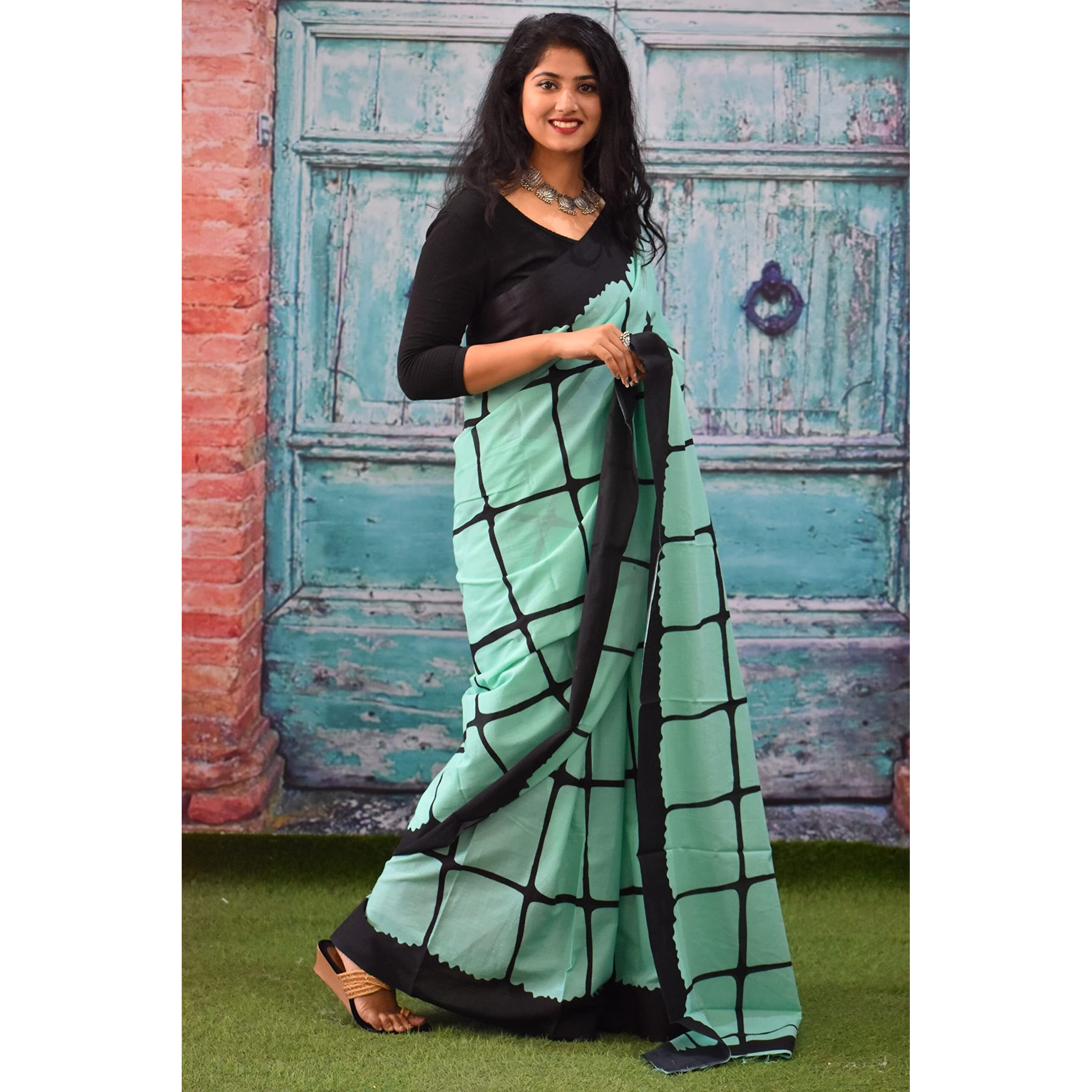 Kiaaron Womens Ikat Hand Block Print Jaipuri Cotton Mulmul Saree with Blouse Piece - Green_266