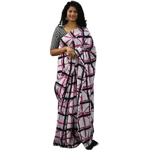 Kiaaron Womens Ikat Hand Block Print Jaipuri Cotton Mulmul Saree with Blouse Piece - Pink_273