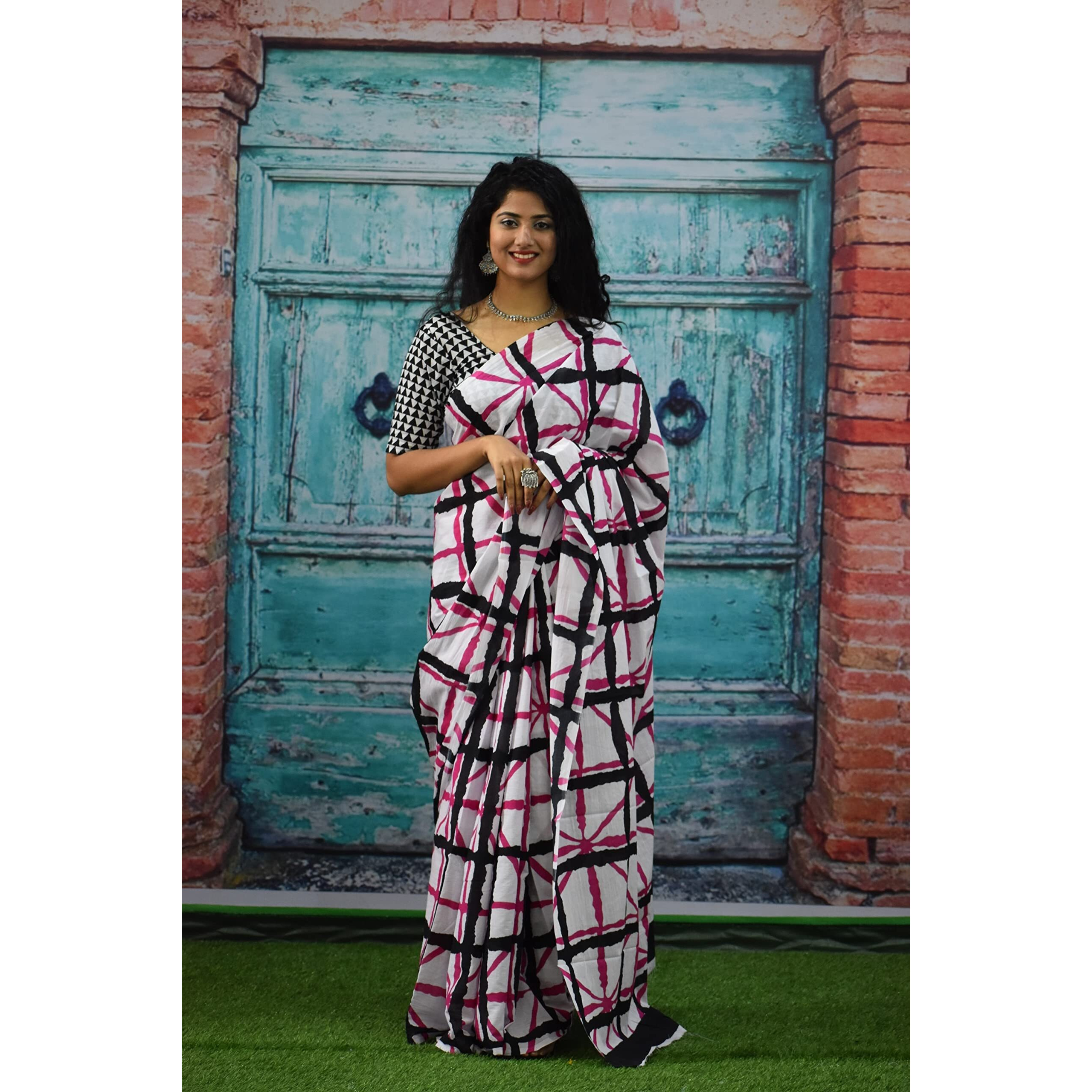 Kiaaron Womens Ikat Hand Block Print Jaipuri Cotton Mulmul Saree with Blouse Piece - Pink_273