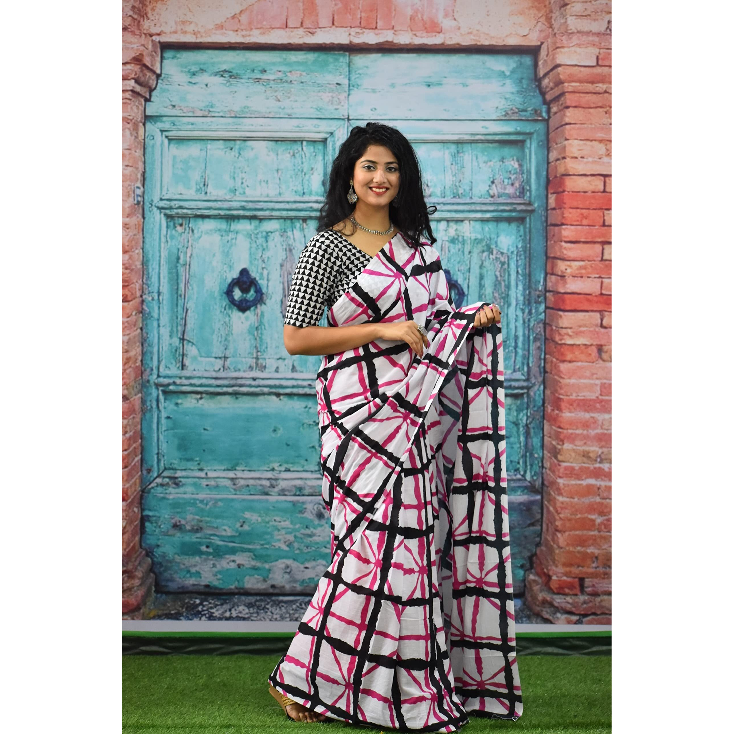 Kiaaron Womens Ikat Hand Block Print Jaipuri Cotton Mulmul Saree with Blouse Piece - Pink_273