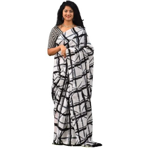Kiaaron Womens Ikat Hand Block Print Jaipuri Cotton Mulmul Saree with Blouse Piece - White_275