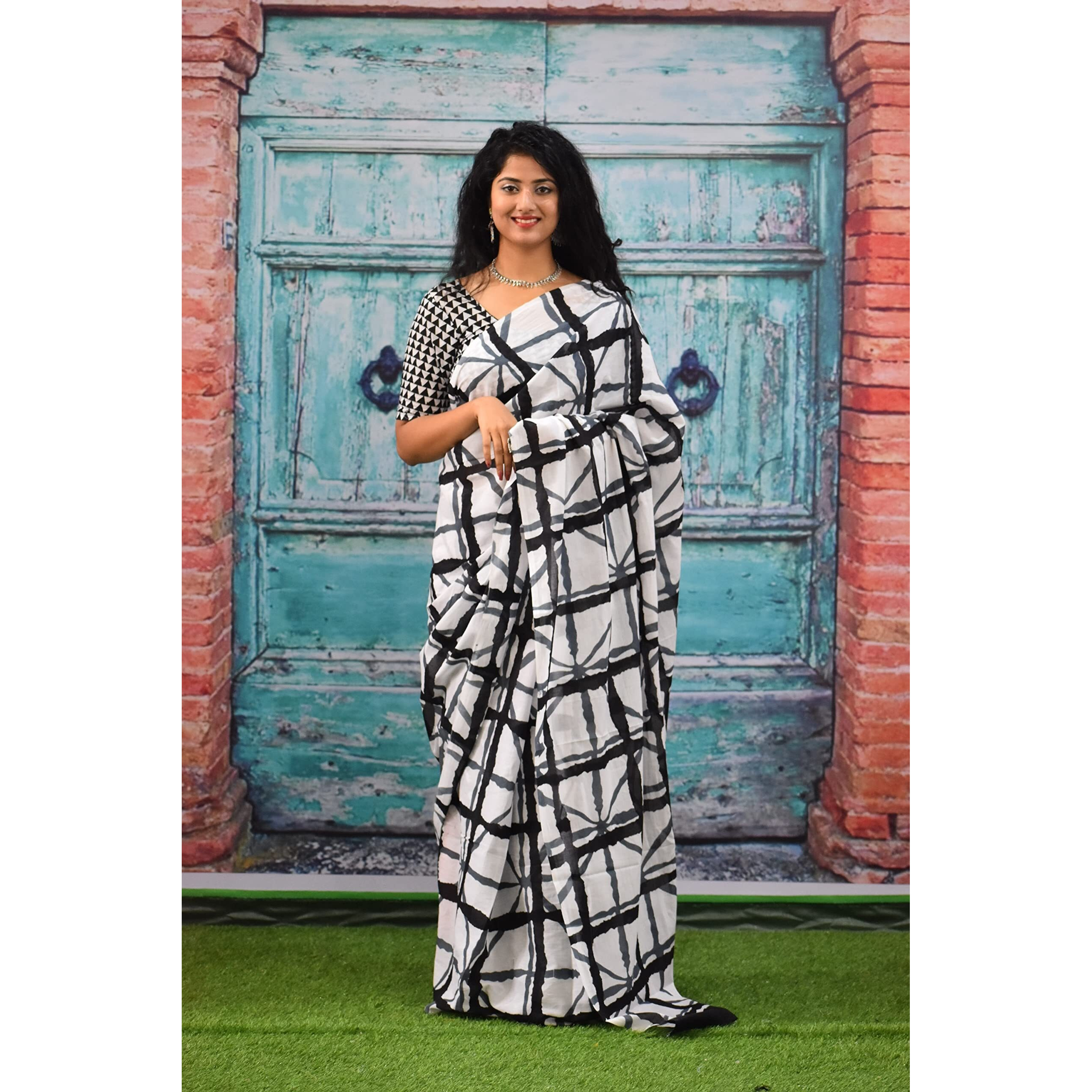Kiaaron Womens Ikat Hand Block Print Jaipuri Cotton Mulmul Saree with Blouse Piece - White_275