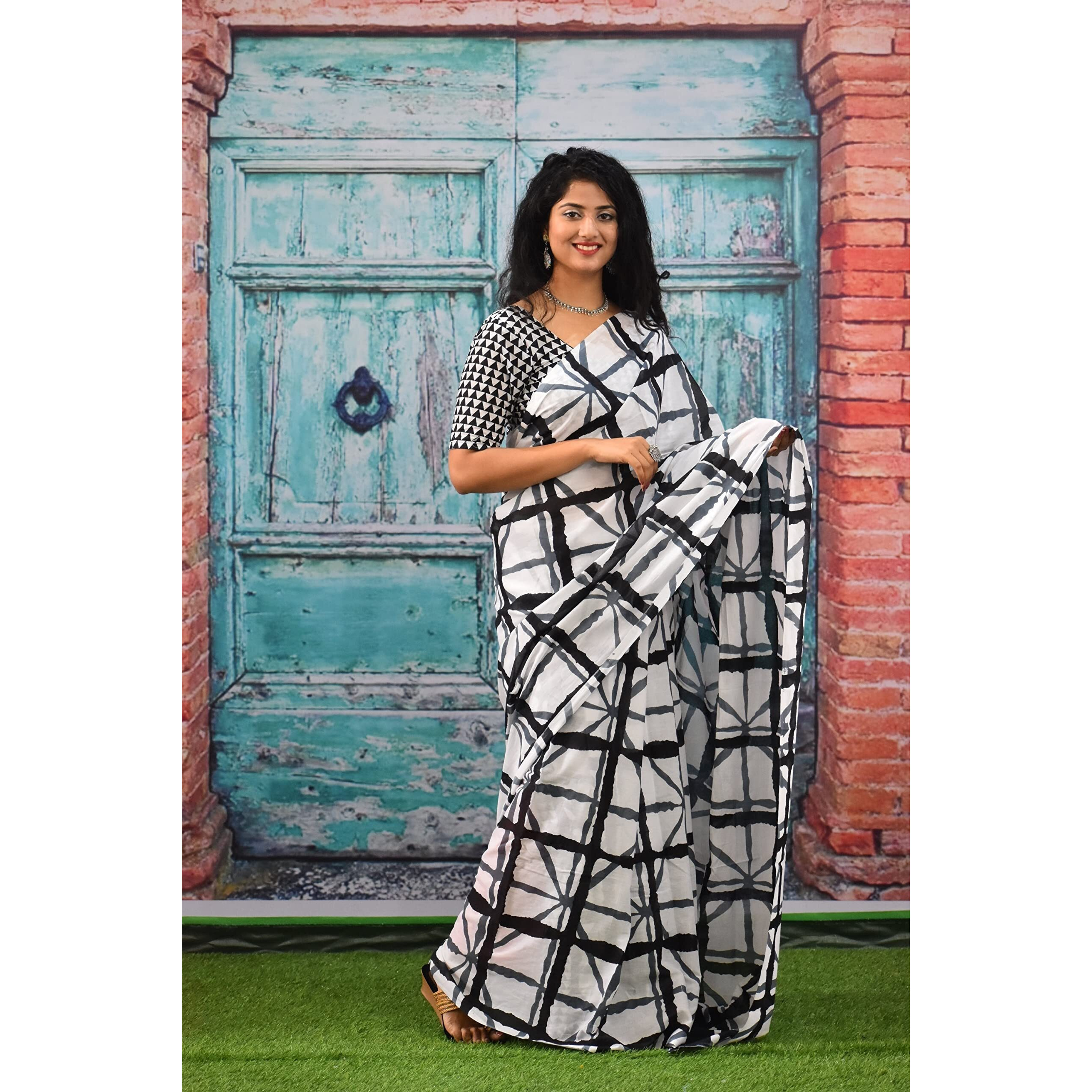 Kiaaron Womens Ikat Hand Block Print Jaipuri Cotton Mulmul Saree with Blouse Piece - White_275