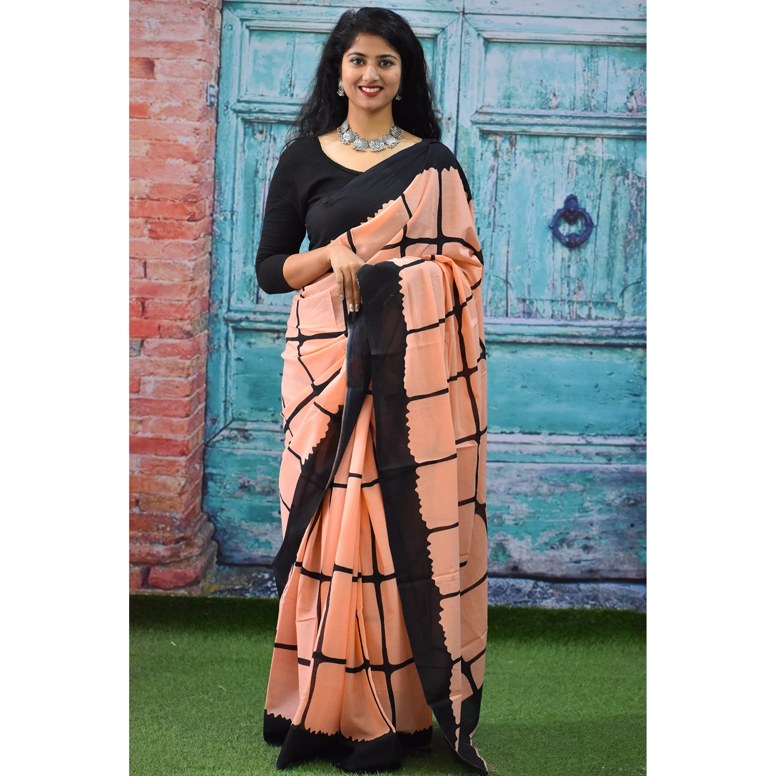 Kiaaron Womens Ikat Hand Block Print Jaipuri Cotton Mulmul Saree with Blouse Piece - Multi_265