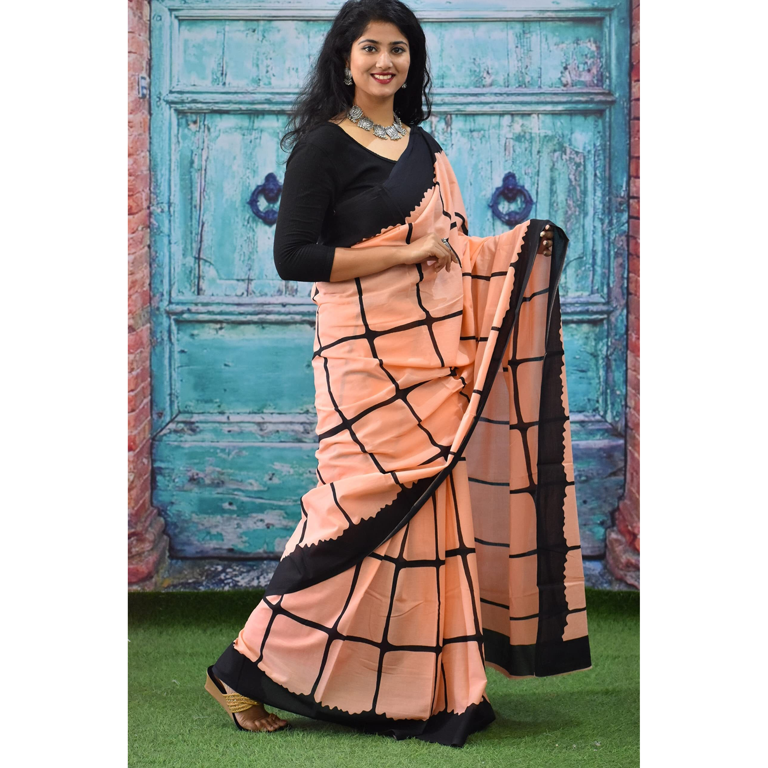 Kiaaron Womens Ikat Hand Block Print Jaipuri Cotton Mulmul Saree with Blouse Piece - Multi_265