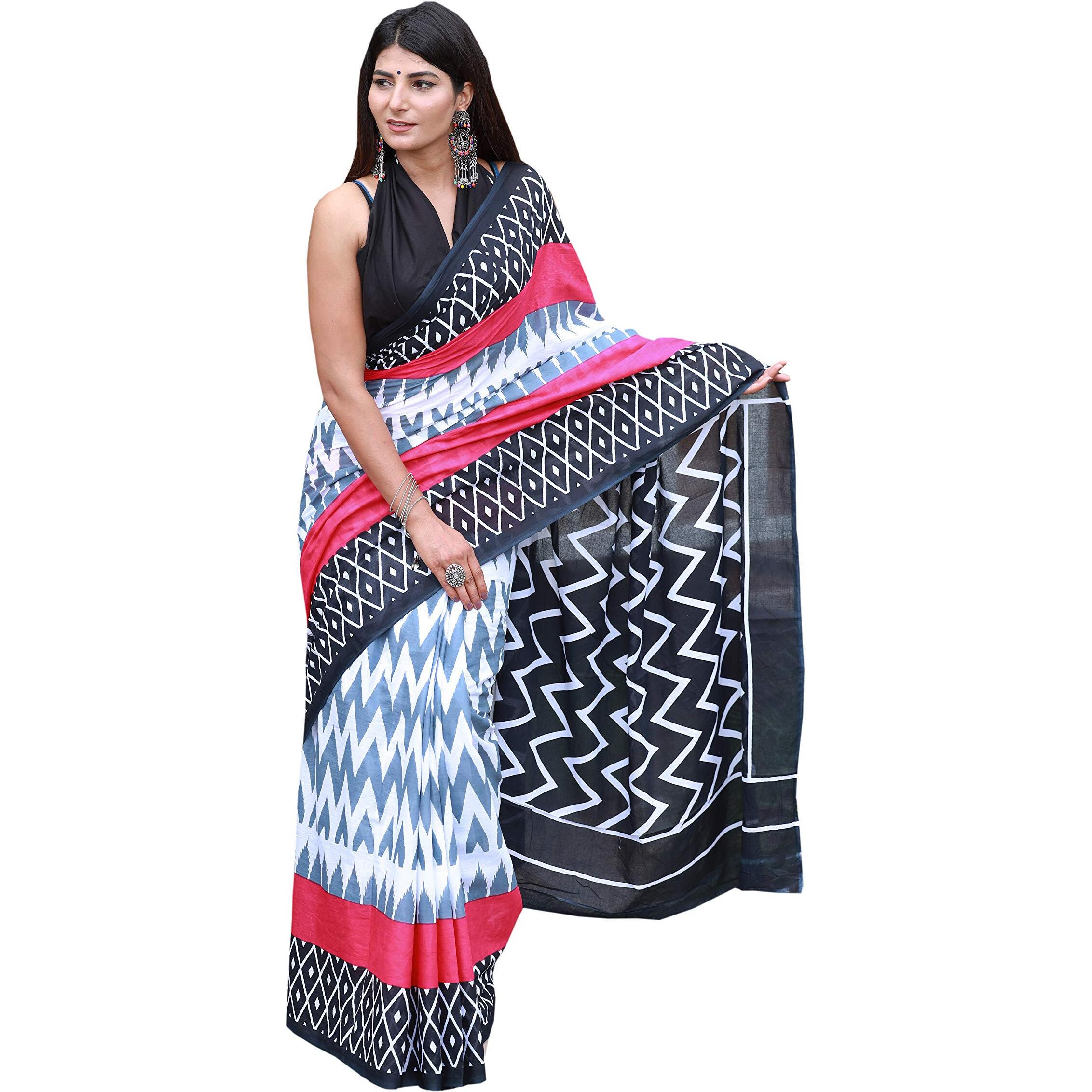 Kiaaron Womens Hand Block Kalamkari Batik Bagru Jaipuri Ikat Printed Handloom Pure Cotton Mulmul Traditional Ethnic Cotton Sarees With Printed Blouse Piece - Pink_Black