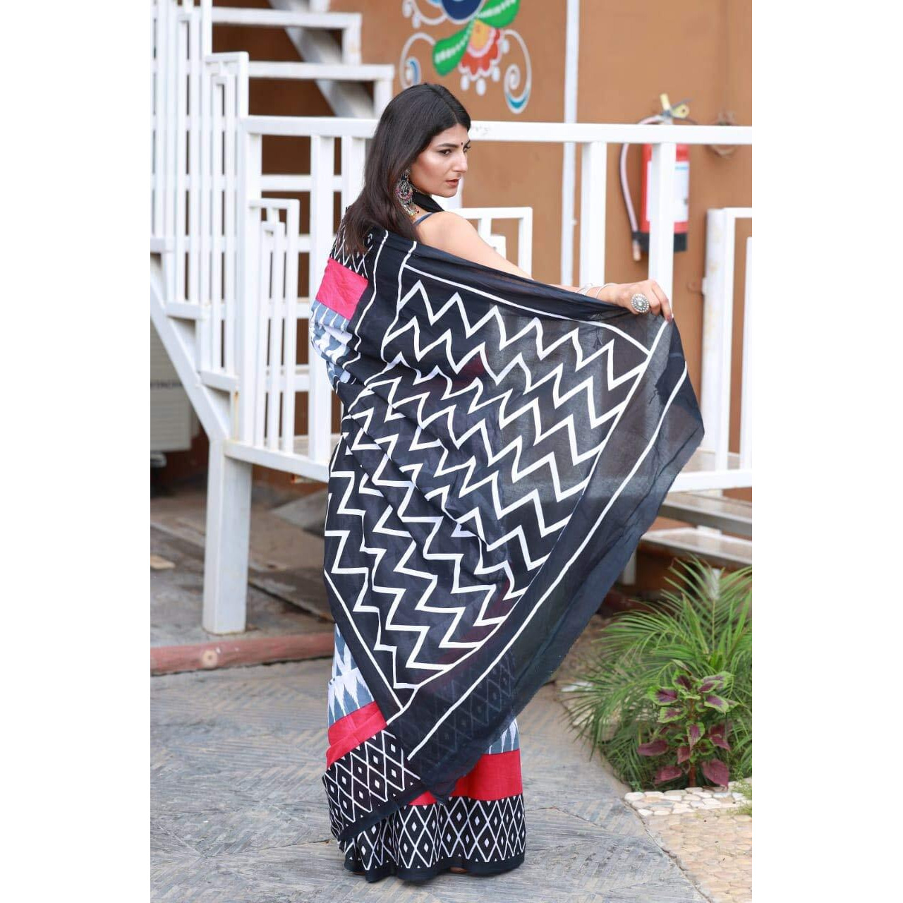 Kiaaron Womens Hand Block Kalamkari Batik Bagru Jaipuri Ikat Printed Handloom Pure Cotton Mulmul Traditional Ethnic Cotton Sarees With Printed Blouse Piece - Pink_Black