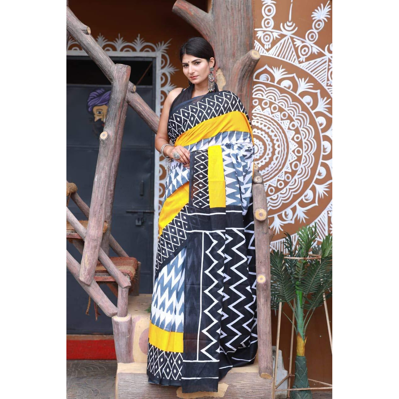 Kiaaron Womens Hand Block Kalamkari Batik Bagru Jaipuri Ikat Printed Handloom Pure Cotton Mulmul Traditional Ethnic Cotton Sarees With Printed Blouse Piece - Yellow_Black