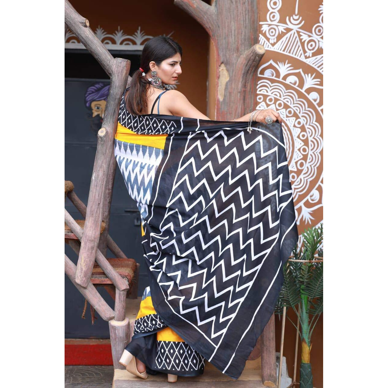 Kiaaron Womens Hand Block Kalamkari Batik Bagru Jaipuri Ikat Printed Handloom Pure Cotton Mulmul Traditional Ethnic Cotton Sarees With Printed Blouse Piece - Yellow_Black