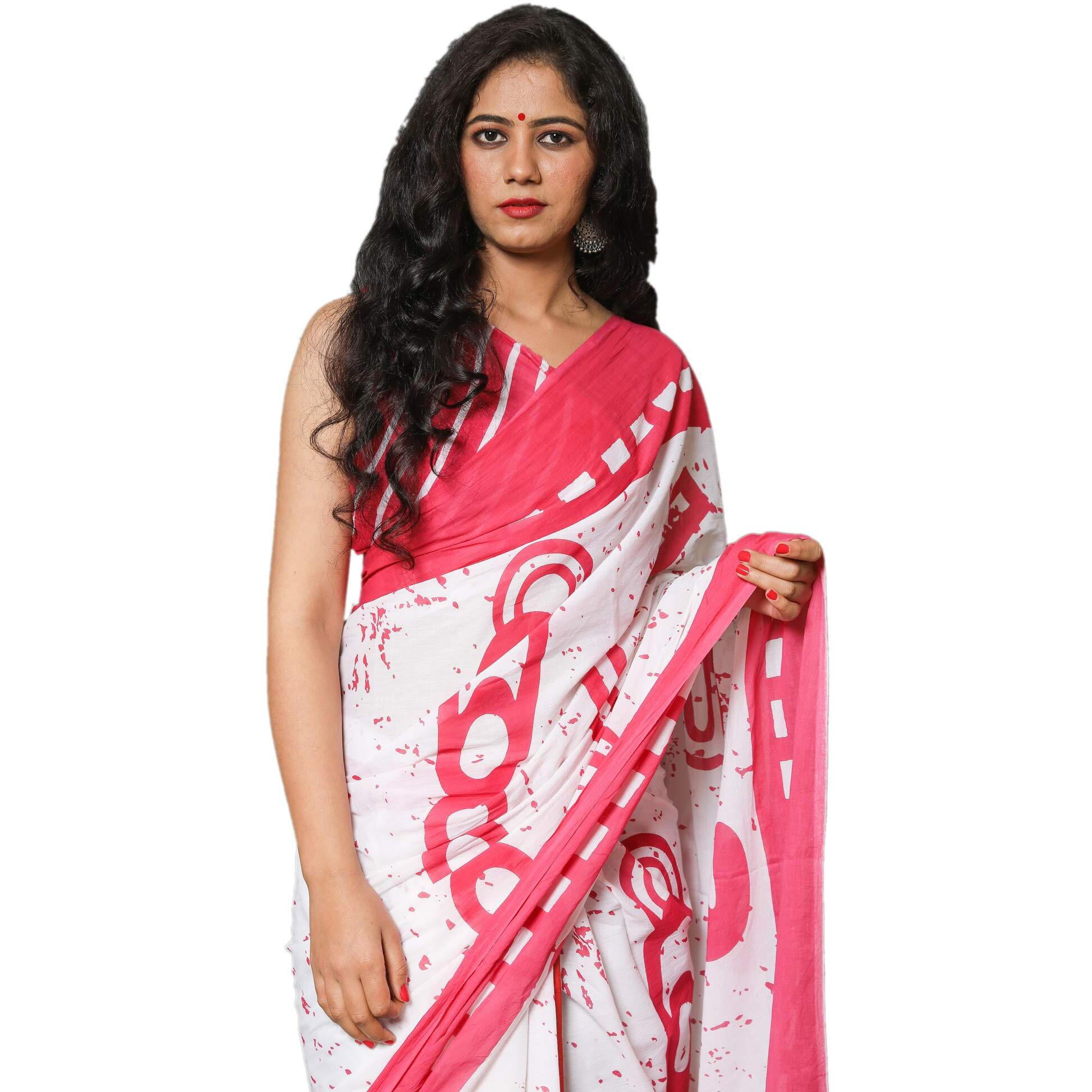 Kiaaron Womens Hand Block Kalamkari Batik Bagru Jaipuri Ikat Printed Handloom Pure Cotton Mulmul Traditional Ethnic Cotton Sarees With Printed Blouse Piece - Pink_White