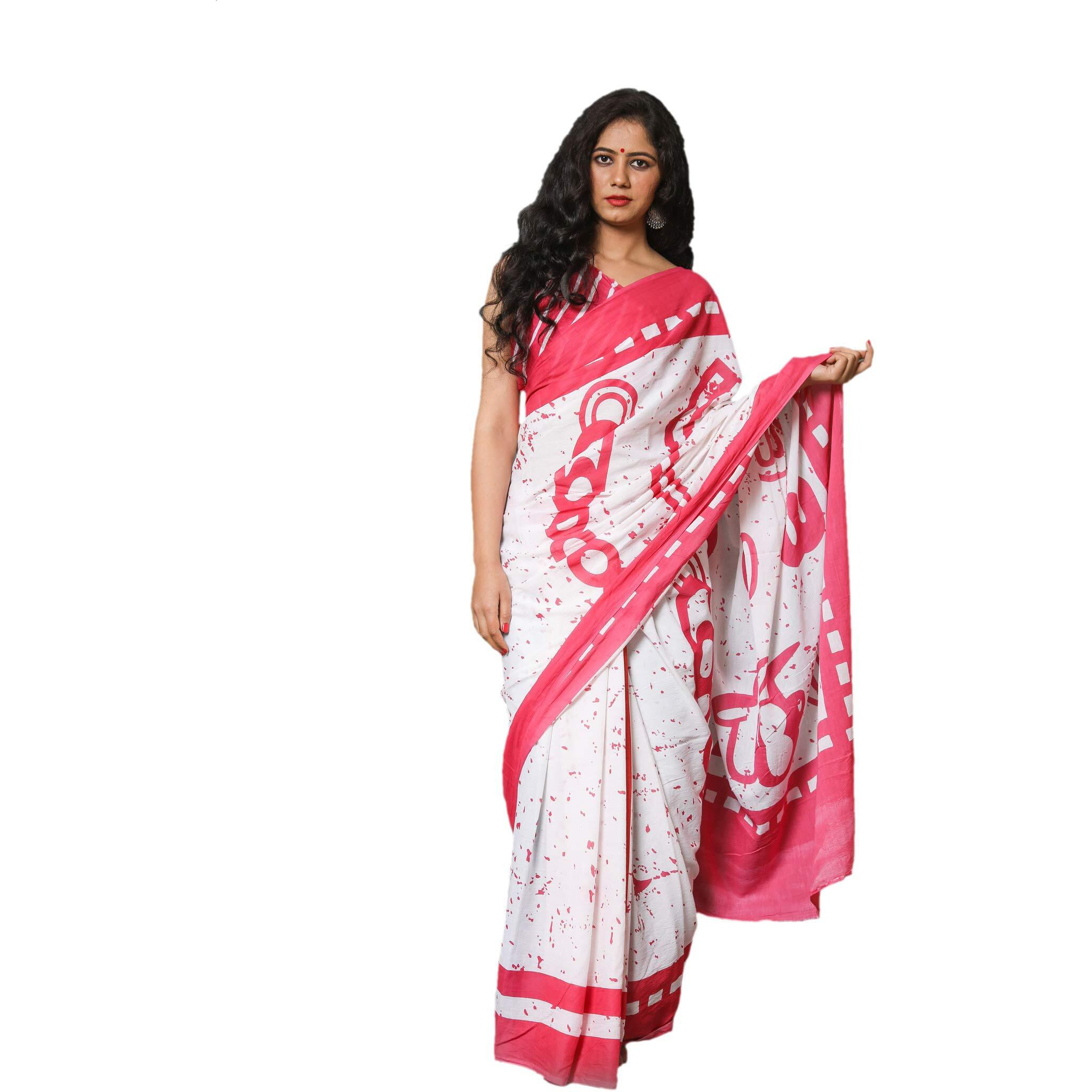 Kiaaron Womens Hand Block Kalamkari Batik Bagru Jaipuri Ikat Printed Handloom Pure Cotton Mulmul Traditional Ethnic Cotton Sarees With Printed Blouse Piece - Pink_White
