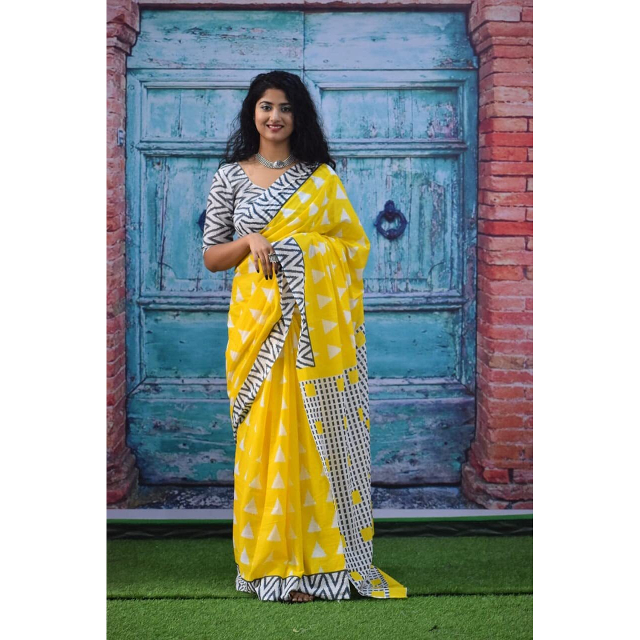 Kiaaron Womens Ikat Hand Block Print Jaipuri Cotton Mulmul Saree with Blouse Piece -Yellow_Kia378
