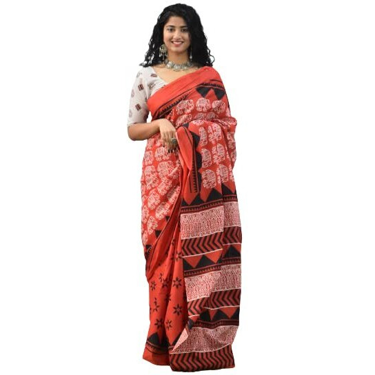 Kiaaron Womens Ikat Hand Block Print Jaipuri Cotton Mulmul Saree with Blouse Piece - Red_167