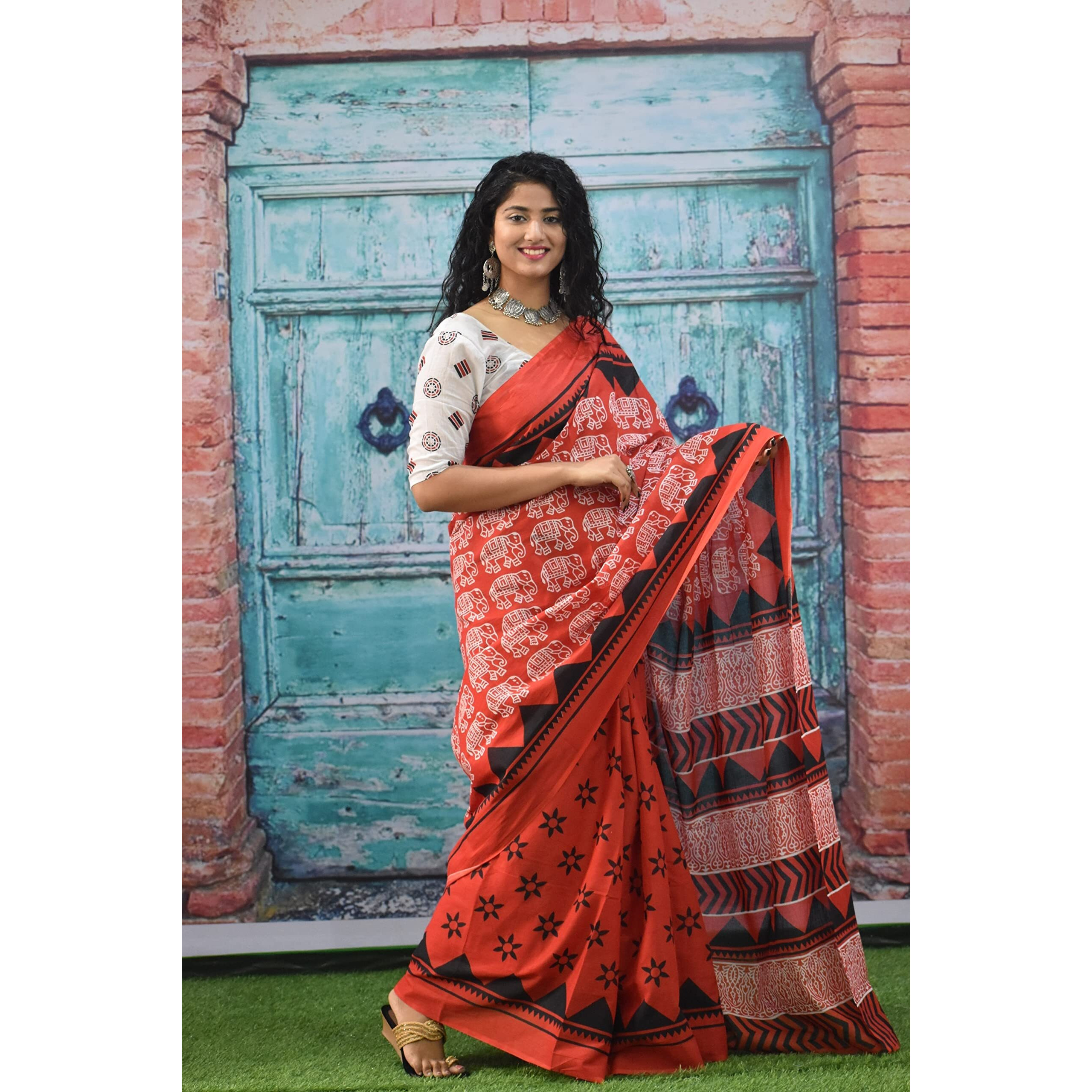Kiaaron Womens Ikat Hand Block Print Jaipuri Cotton Mulmul Saree with Blouse Piece - Red_167
