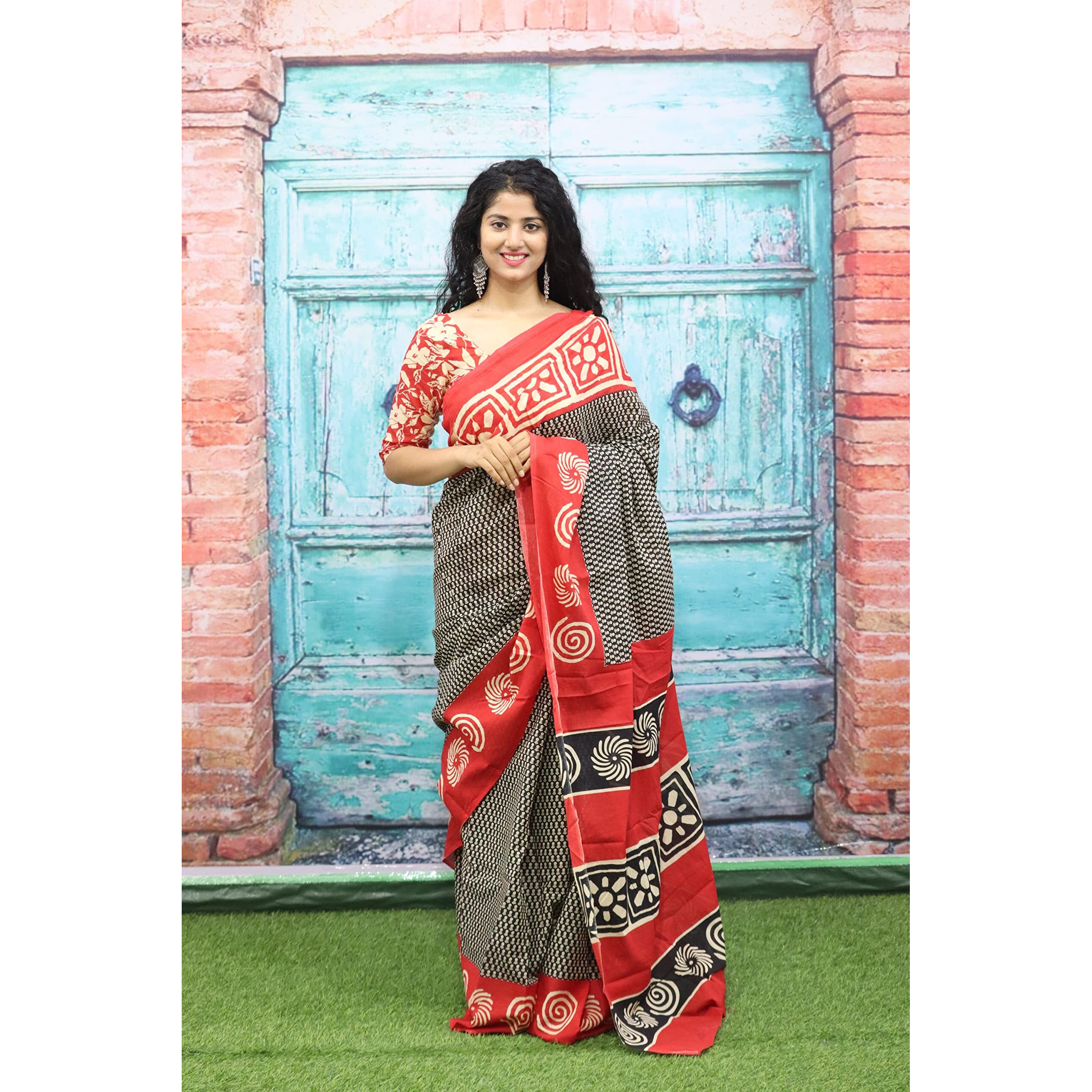 Kiaaron Womens Ikat Hand Block Print Jaipuri Cotton Mulmul Saree with Blouse Piece - Red_157