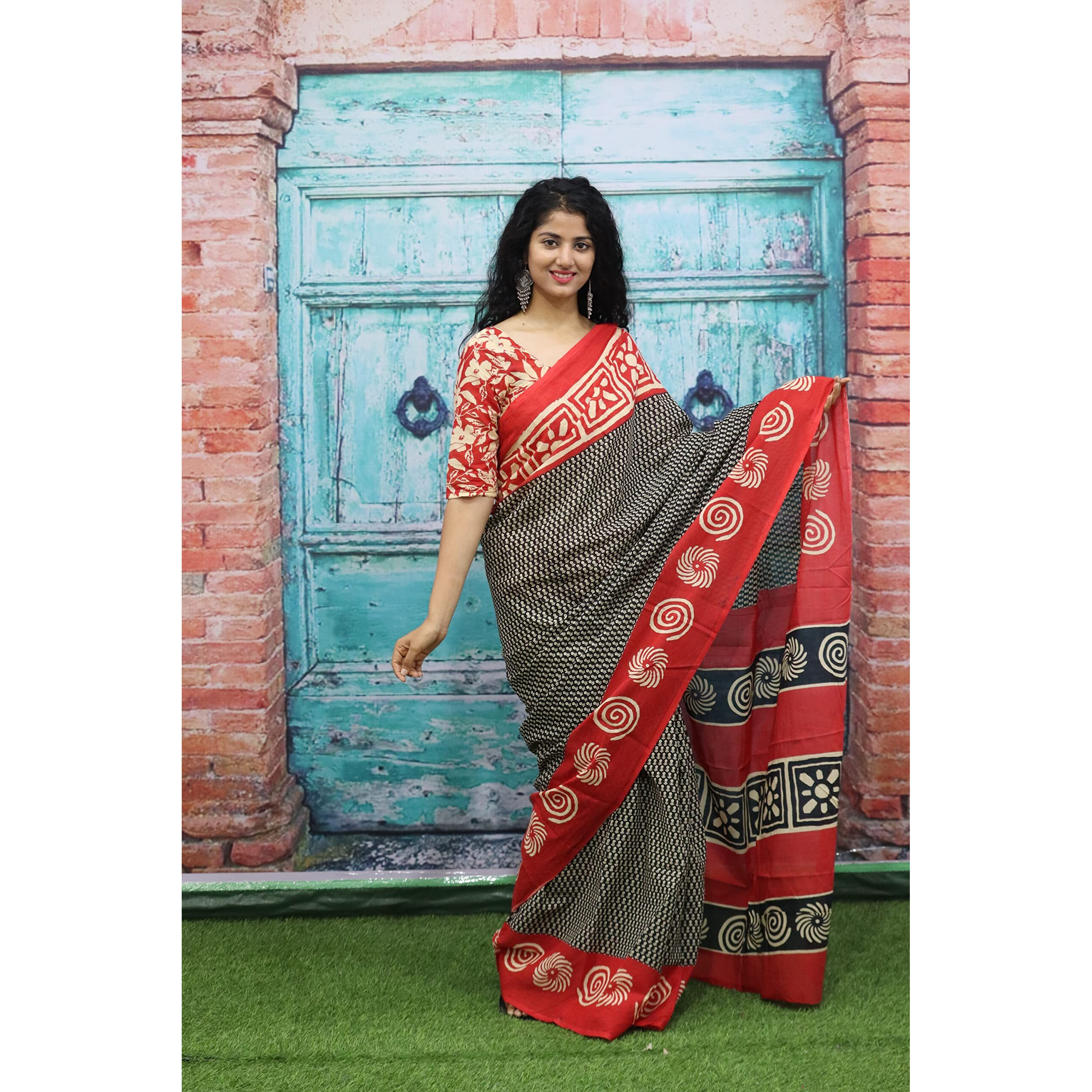 Kiaaron Womens Ikat Hand Block Print Jaipuri Cotton Mulmul Saree with Blouse Piece - Red_157