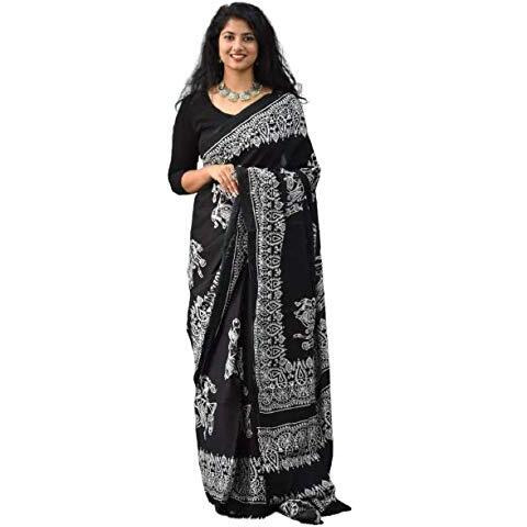 Kiaaron Ikat Hand Block Print Cotton Mulmul Saree with Blouse Piece for Women - Black