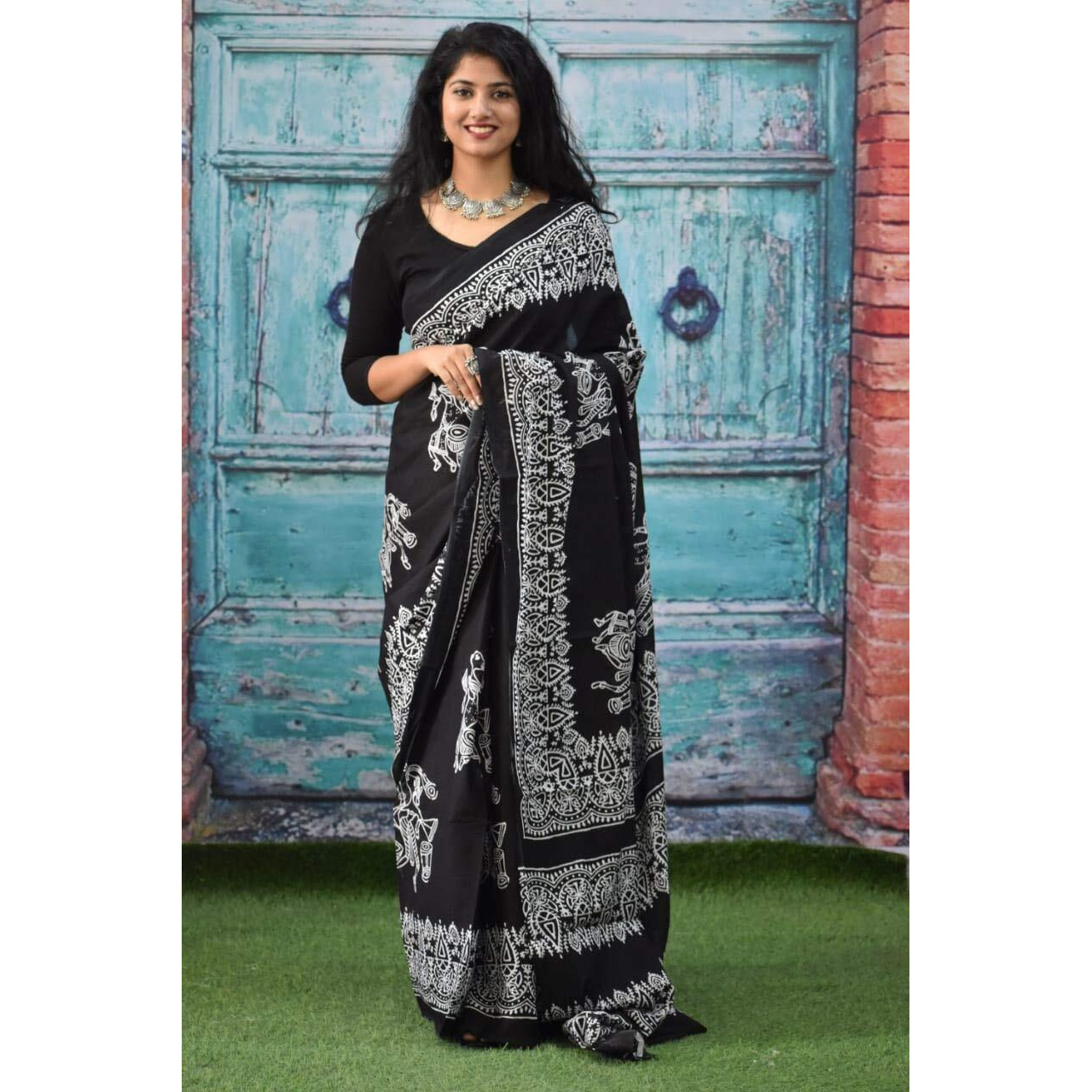 Kiaaron Ikat Hand Block Print Cotton Mulmul Saree with Blouse Piece for Women - Black